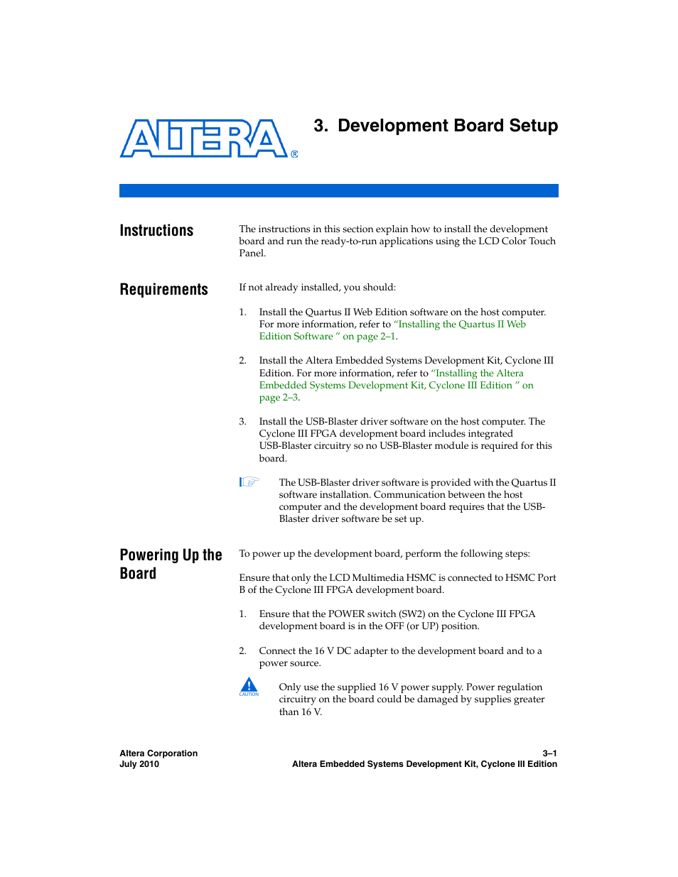Development board setup, Instructions, Requirements | Powering up the board, Chapter 3. development board setup, Requirements –1 powering up the board –1 | Altera Embedded Systems Development Kit, Cyclone III Edition User Manual | Page 23 / 82