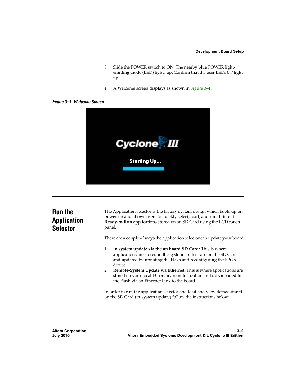 Run the application selector, Run the application selector –2 | Altera Embedded Systems Development Kit, Cyclone III Edition User Manual | Page 24 / 82