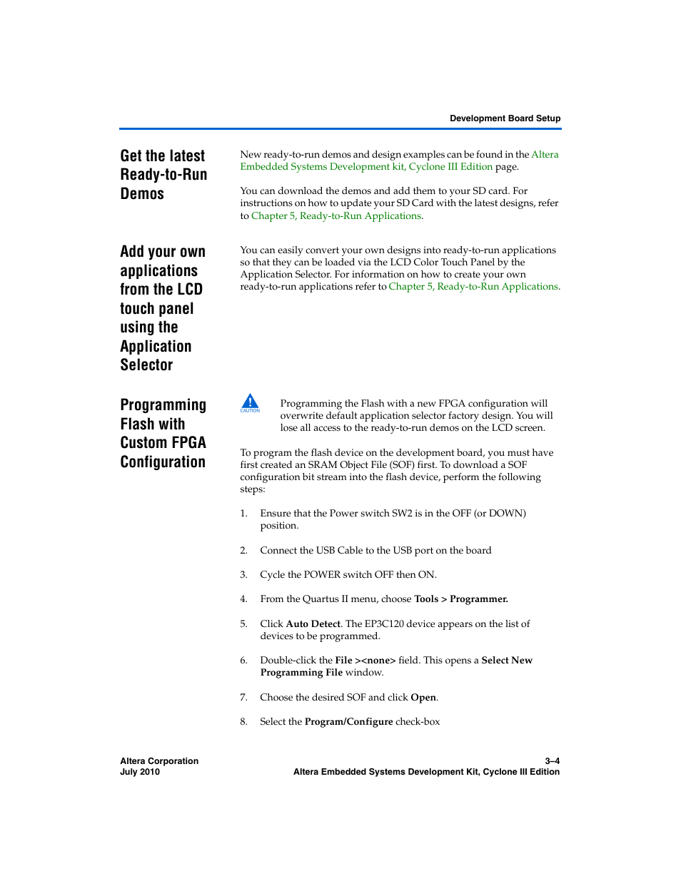 Get the latest ready-to-run demos, Programming flash with custom fpga configuration | Altera Embedded Systems Development Kit, Cyclone III Edition User Manual | Page 26 / 82