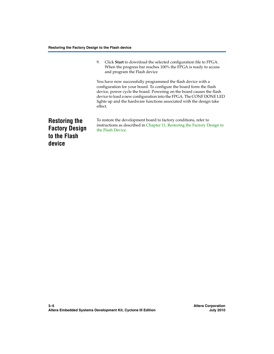 Restoring the factory design to the flash device | Altera Embedded Systems Development Kit, Cyclone III Edition User Manual | Page 27 / 82
