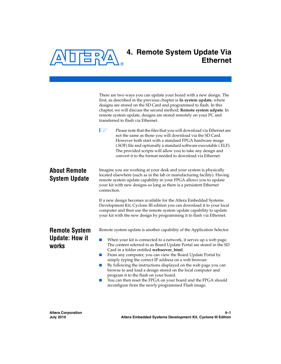 Remote system update via ethernet, About remote system update, Remote system update: how it works | Chapter 4. remote system update via ethernet | Altera Embedded Systems Development Kit, Cyclone III Edition User Manual | Page 29 / 82