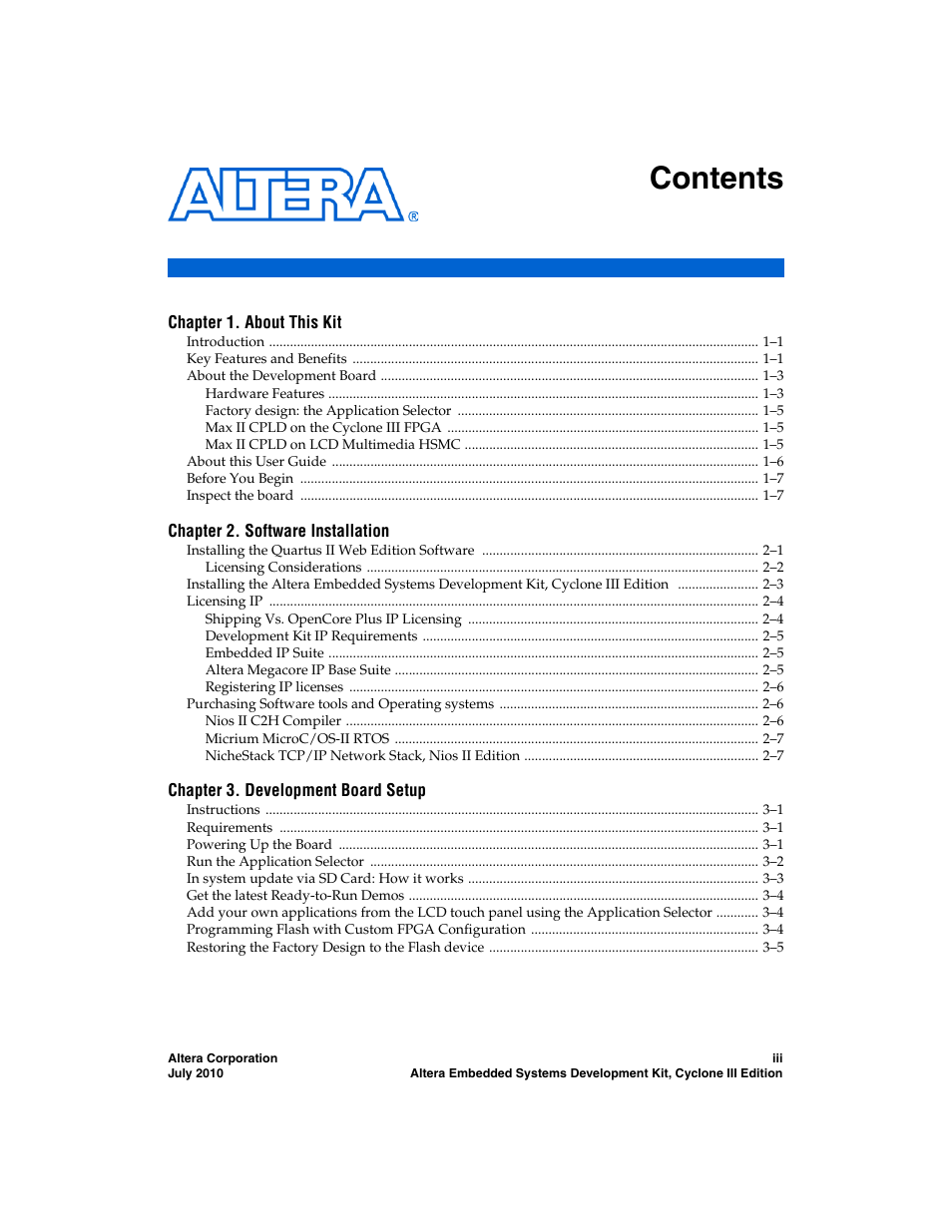 Altera Embedded Systems Development Kit, Cyclone III Edition User Manual | Page 3 / 82