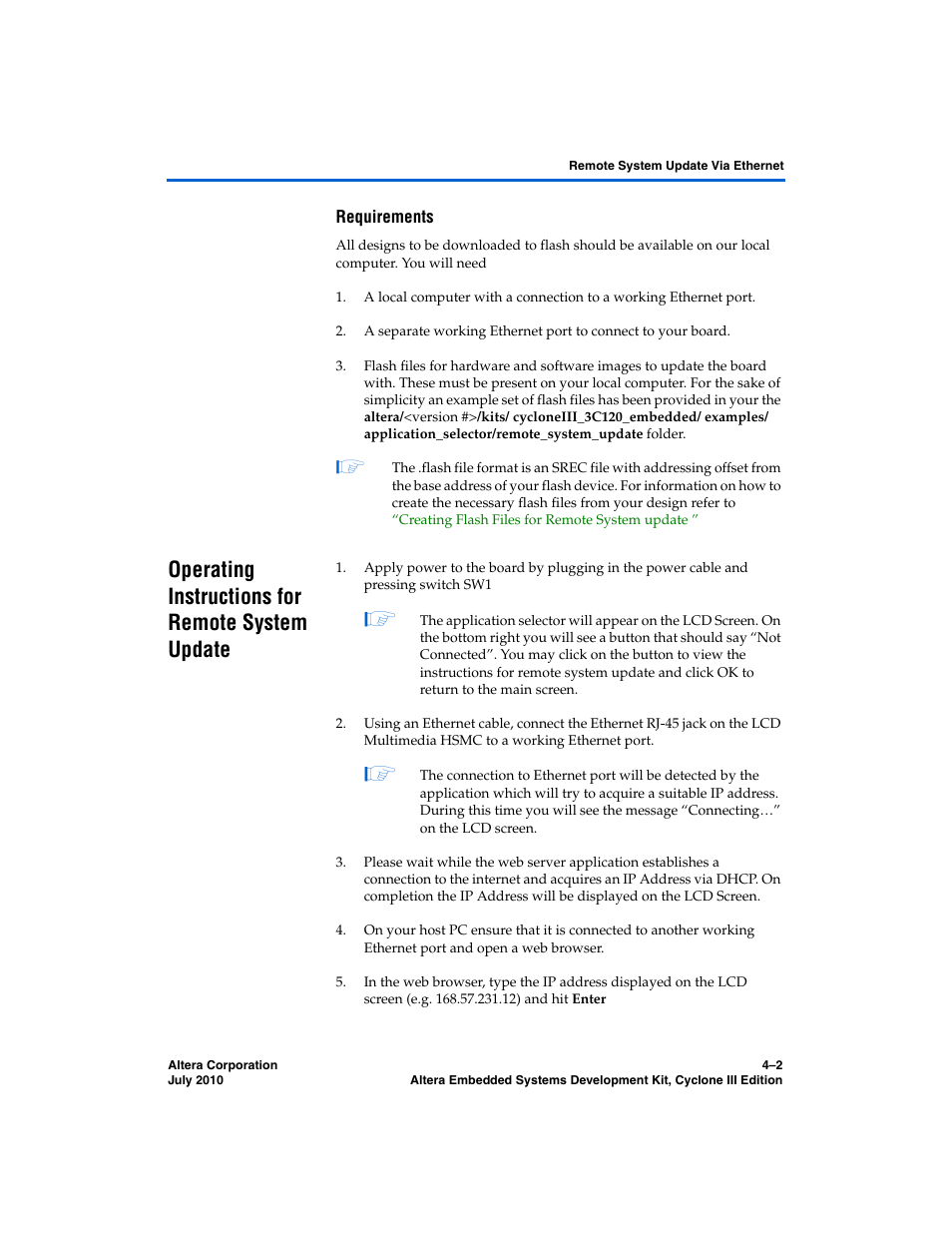 Requirements, Operating instructions for remote system update, Operating instructions for remote system update –2 | Altera Embedded Systems Development Kit, Cyclone III Edition User Manual | Page 30 / 82