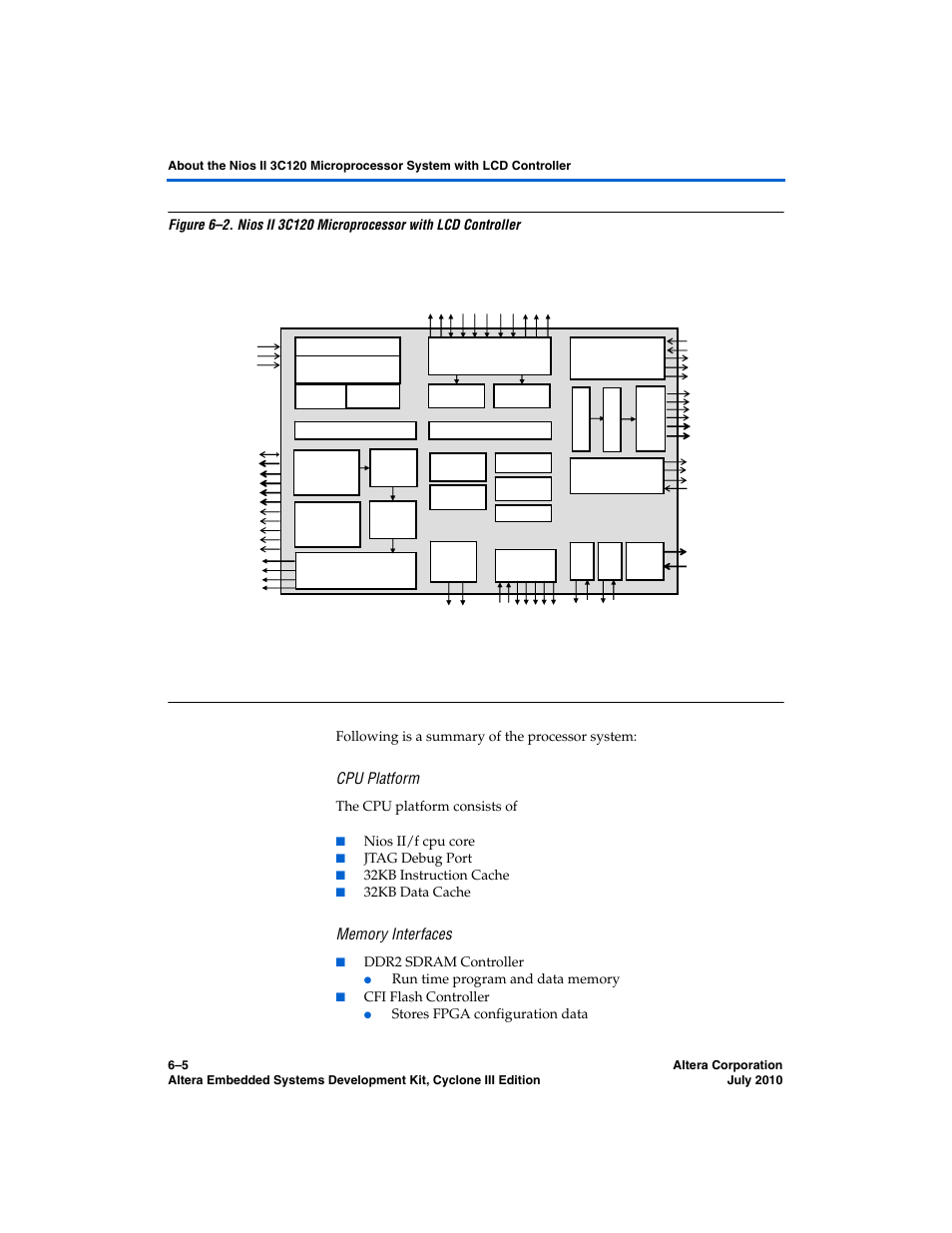 Nios ii 3c120 microprocessor with lcd controller, Cpu platform, The cpu platform consists of | Nios ii/f cpu core, Jtag debug port, 32kb instruction cache, 32kb data cache, Ddr2 sdram controller, Cfi flash controller, Stores fpga configuration data | Altera Embedded Systems Development Kit, Cyclone III Edition User Manual | Page 43 / 82