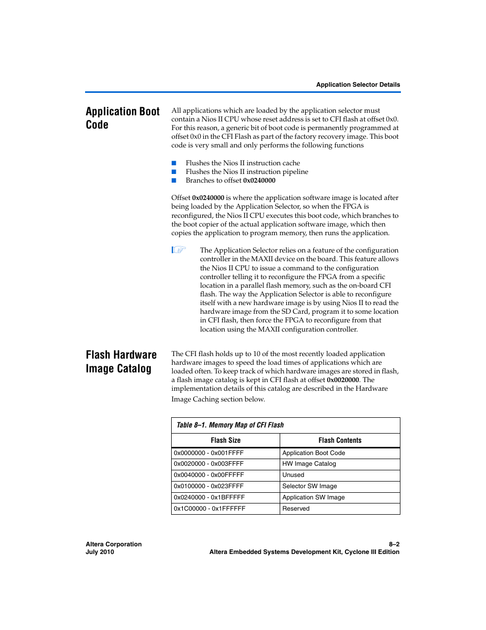 Application boot code, Flash hardware image catalog, Table 8–1 | Altera Embedded Systems Development Kit, Cyclone III Edition User Manual | Page 50 / 82