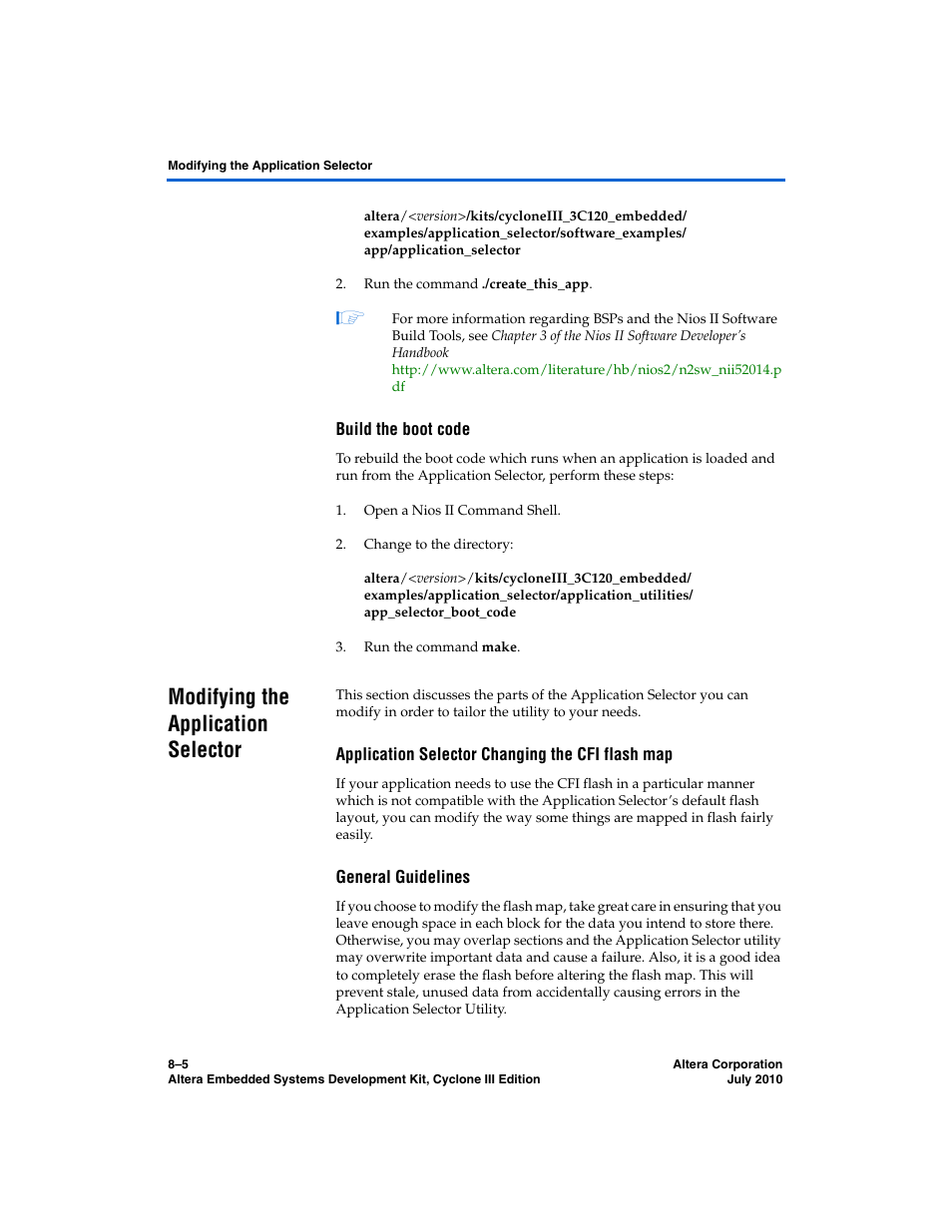 Build the boot code, Modifying the application selector, Application selector changing the cfi flash map | General guidelines, Modifying the application selector –5 | Altera Embedded Systems Development Kit, Cyclone III Edition User Manual | Page 53 / 82