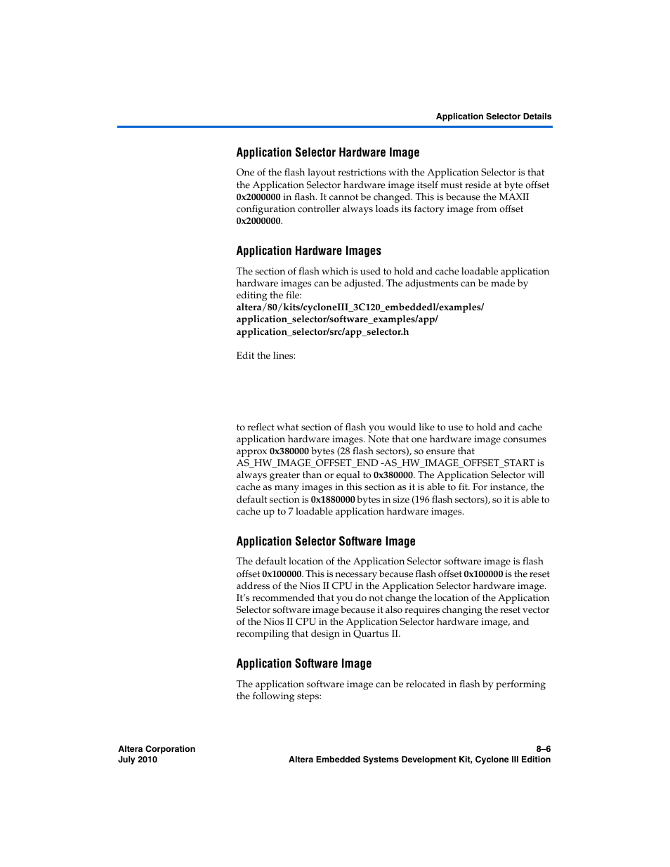Application selector hardware image, Application hardware images, Application selector software image | Application software image | Altera Embedded Systems Development Kit, Cyclone III Edition User Manual | Page 54 / 82