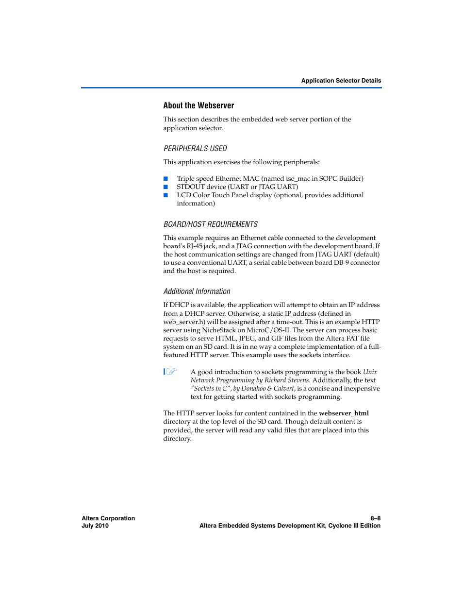 About the webserver | Altera Embedded Systems Development Kit, Cyclone III Edition User Manual | Page 56 / 82