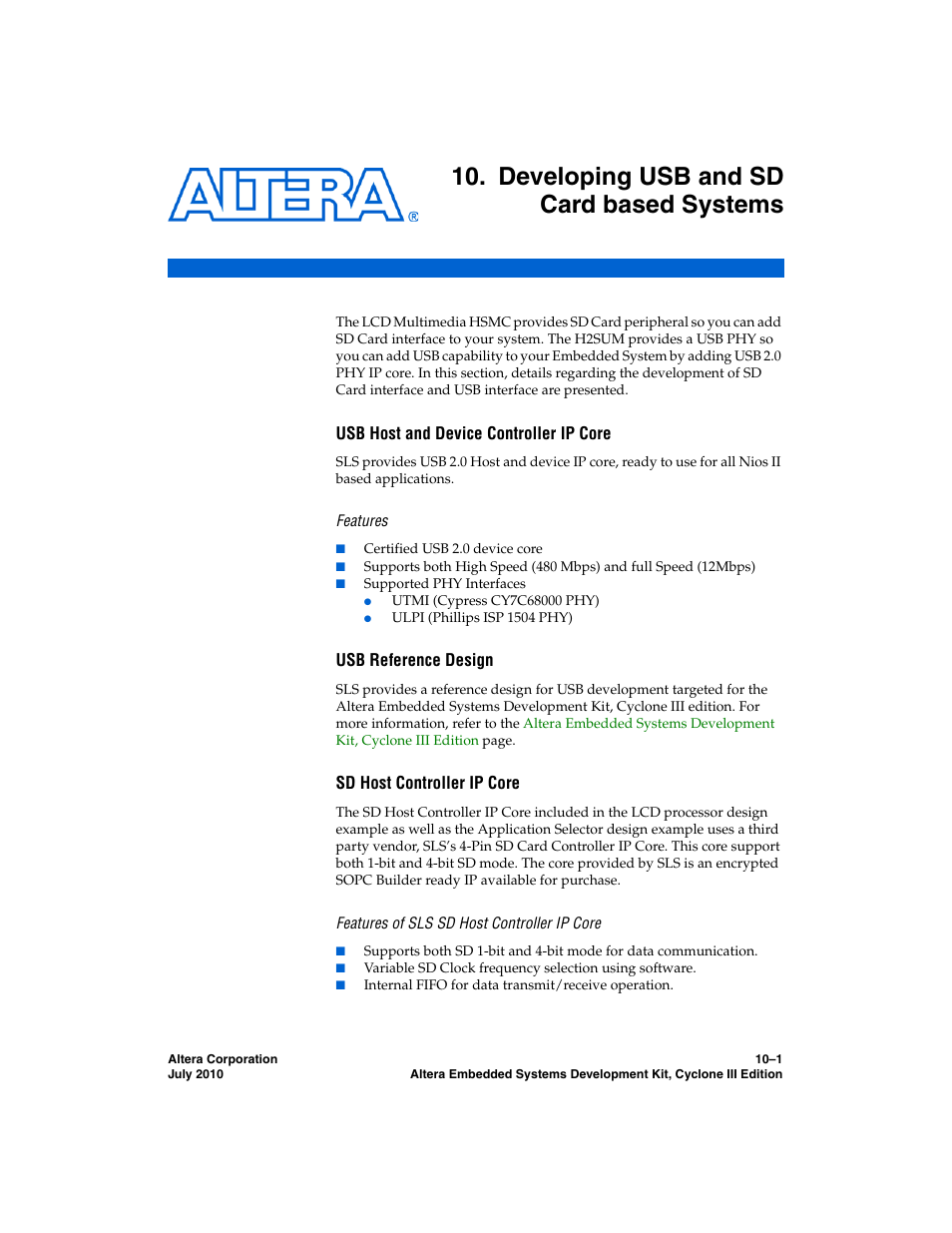 Developing usb and sd card based systems, Usb host and device controller ip core, Usb reference design | Sd host controller ip core | Altera Embedded Systems Development Kit, Cyclone III Edition User Manual | Page 67 / 82