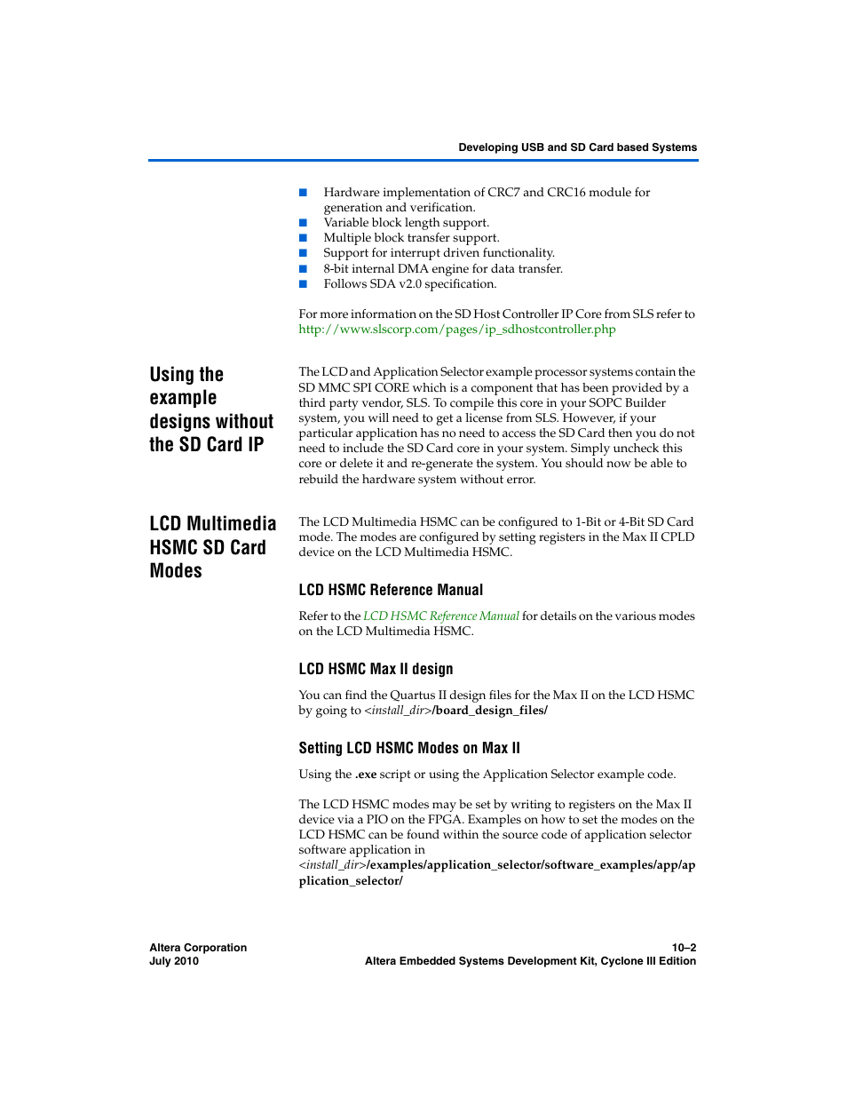 Using the example designs without the sd card ip, Lcd multimedia hsmc sd card modes, Lcd hsmc reference manual | Lcd hsmc max ii design, Setting lcd hsmc modes on max ii | Altera Embedded Systems Development Kit, Cyclone III Edition User Manual | Page 68 / 82