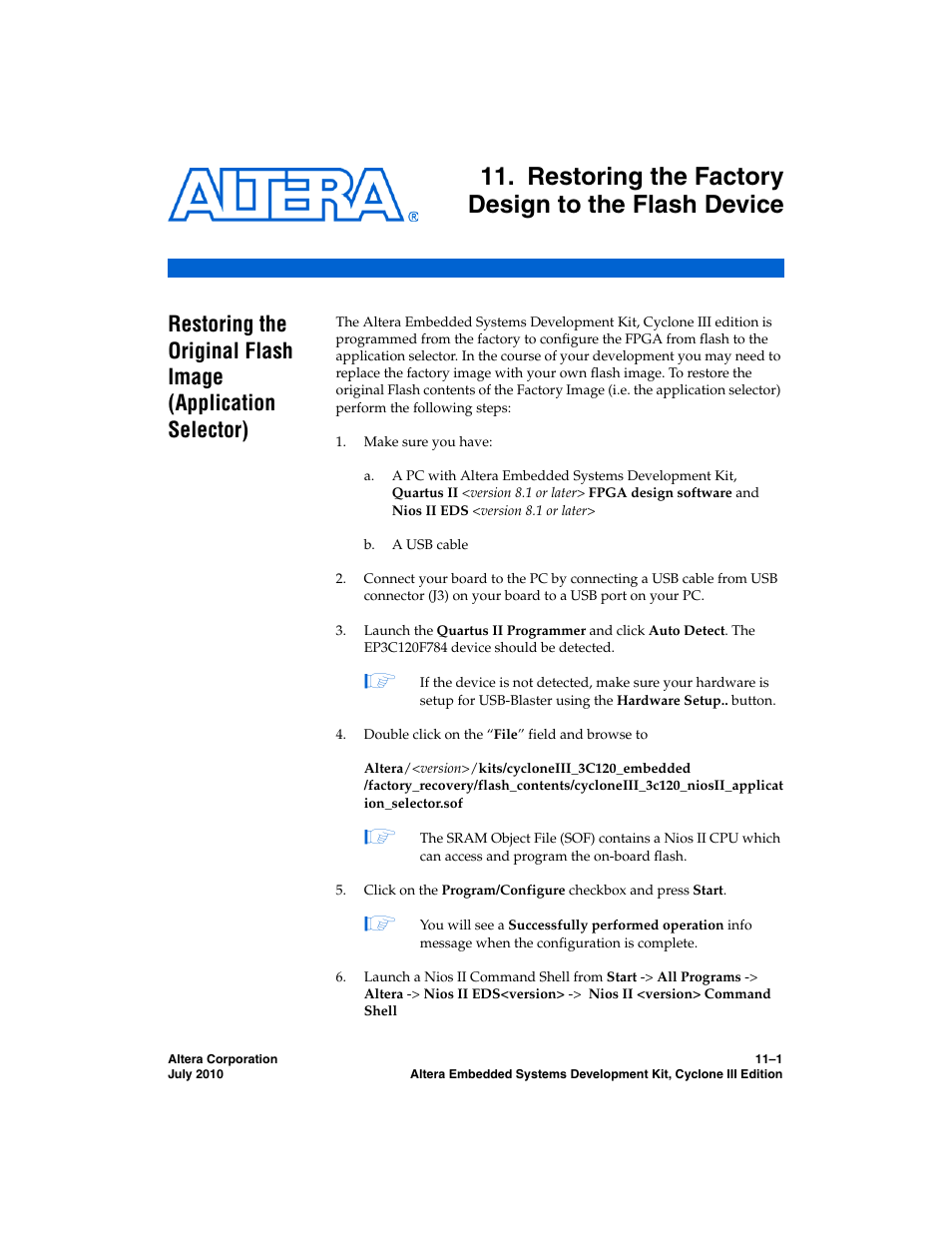 Restoring the factory design to the flash device, Chapter 11 | Altera Embedded Systems Development Kit, Cyclone III Edition User Manual | Page 69 / 82