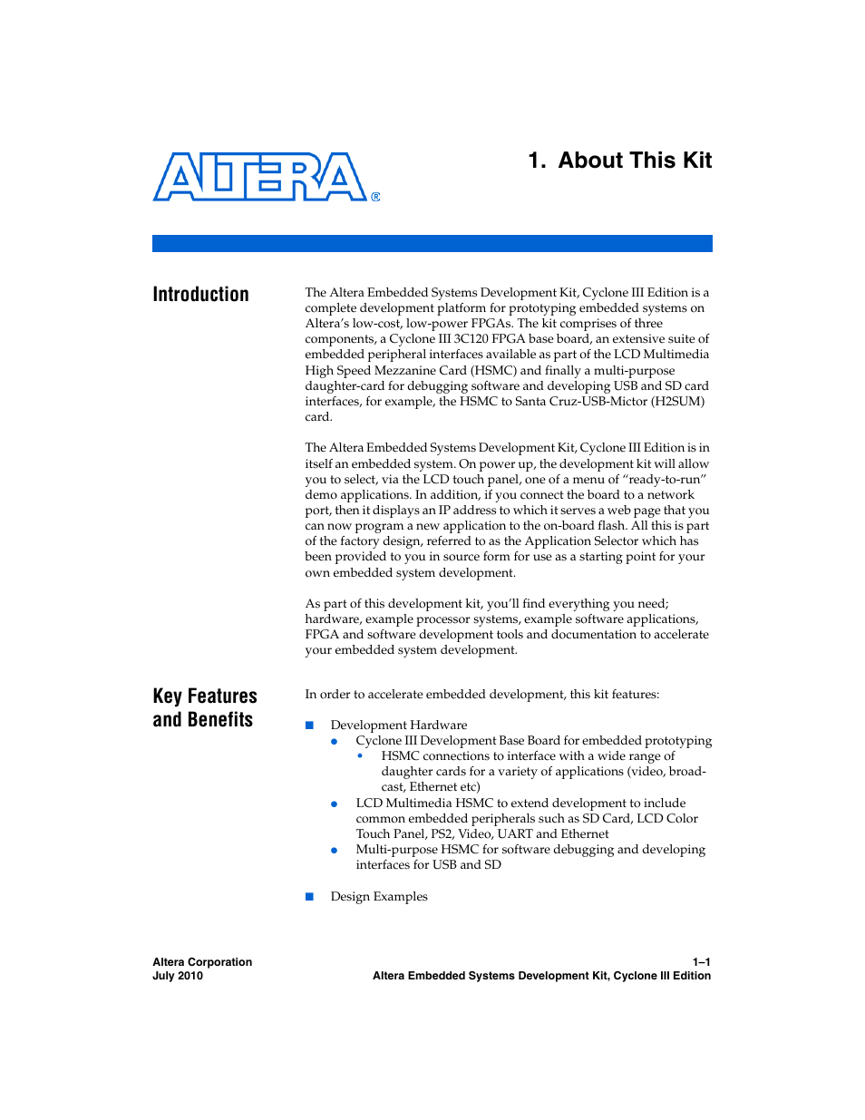 About this kit, Introduction, Key features and benefits | Chapter 1. about this kit, Key features and benefits –1 | Altera Embedded Systems Development Kit, Cyclone III Edition User Manual | Page 7 / 82