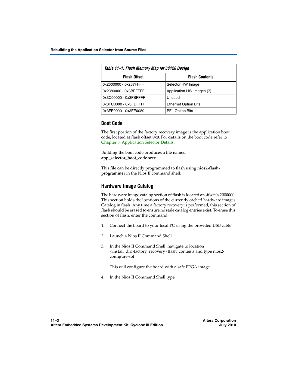 Boot code, Hardware image catalog | Altera Embedded Systems Development Kit, Cyclone III Edition User Manual | Page 71 / 82