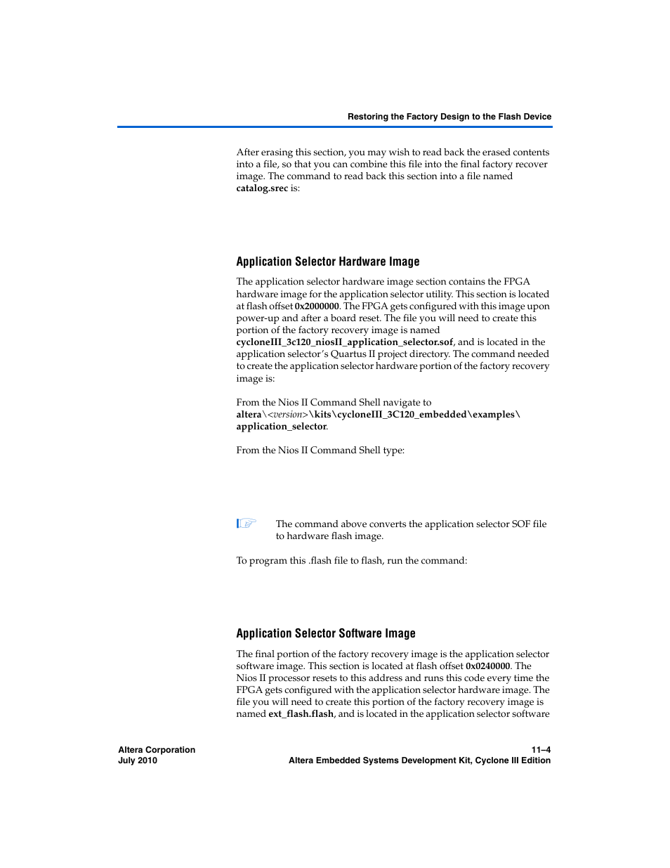 Application selector hardware image, Application selector software image | Altera Embedded Systems Development Kit, Cyclone III Edition User Manual | Page 72 / 82