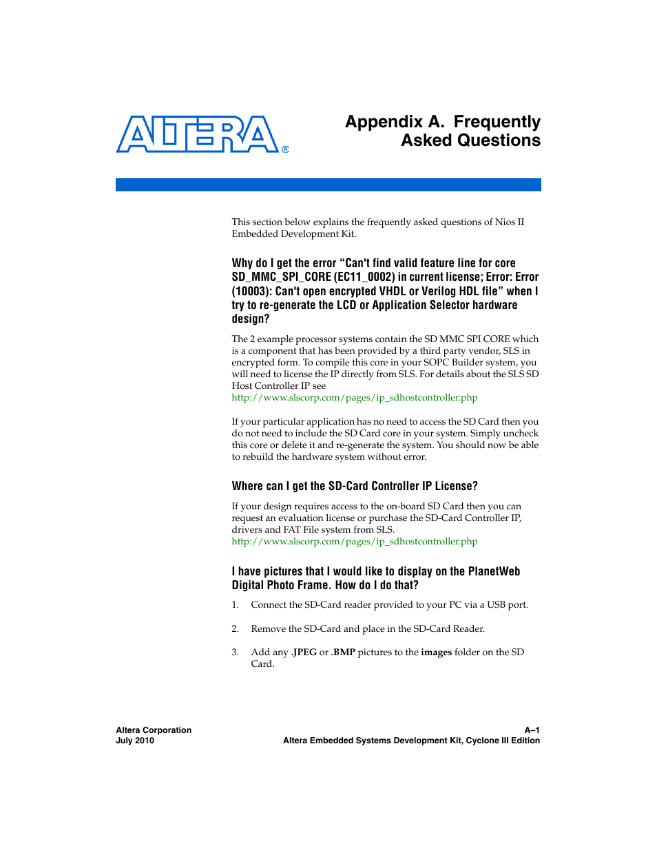 Appendix a. frequently asked questions, Where can i get the sd-card controller ip license | Altera Embedded Systems Development Kit, Cyclone III Edition User Manual | Page 75 / 82