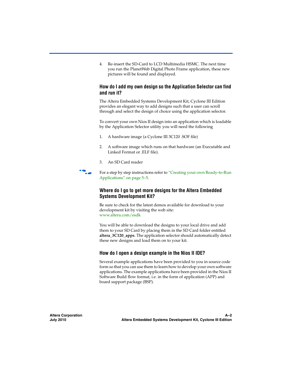 How do i open a design example in the nios ii ide | Altera Embedded Systems Development Kit, Cyclone III Edition User Manual | Page 76 / 82
