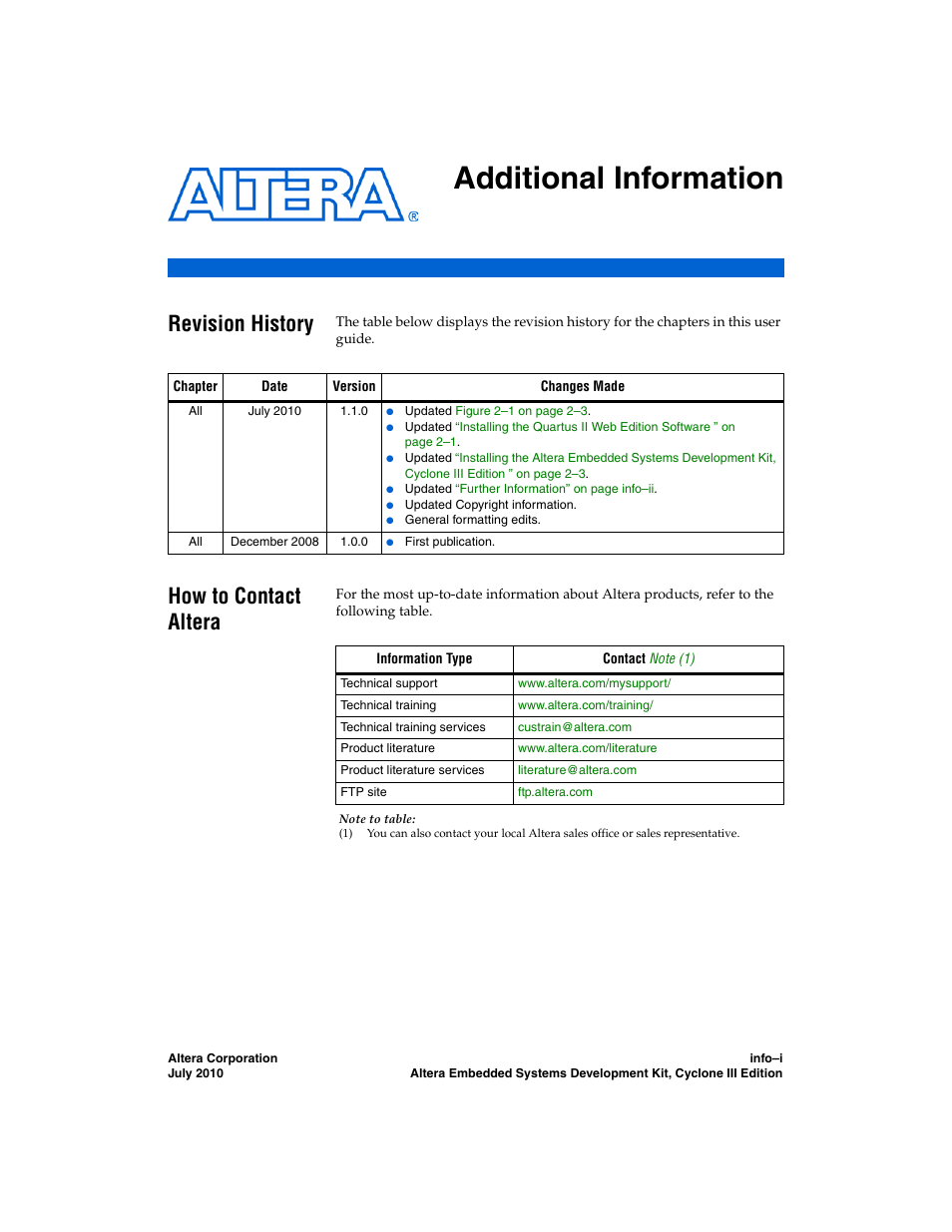 Additional information, Revision history, How to contact altera | Altera Embedded Systems Development Kit, Cyclone III Edition User Manual | Page 79 / 82