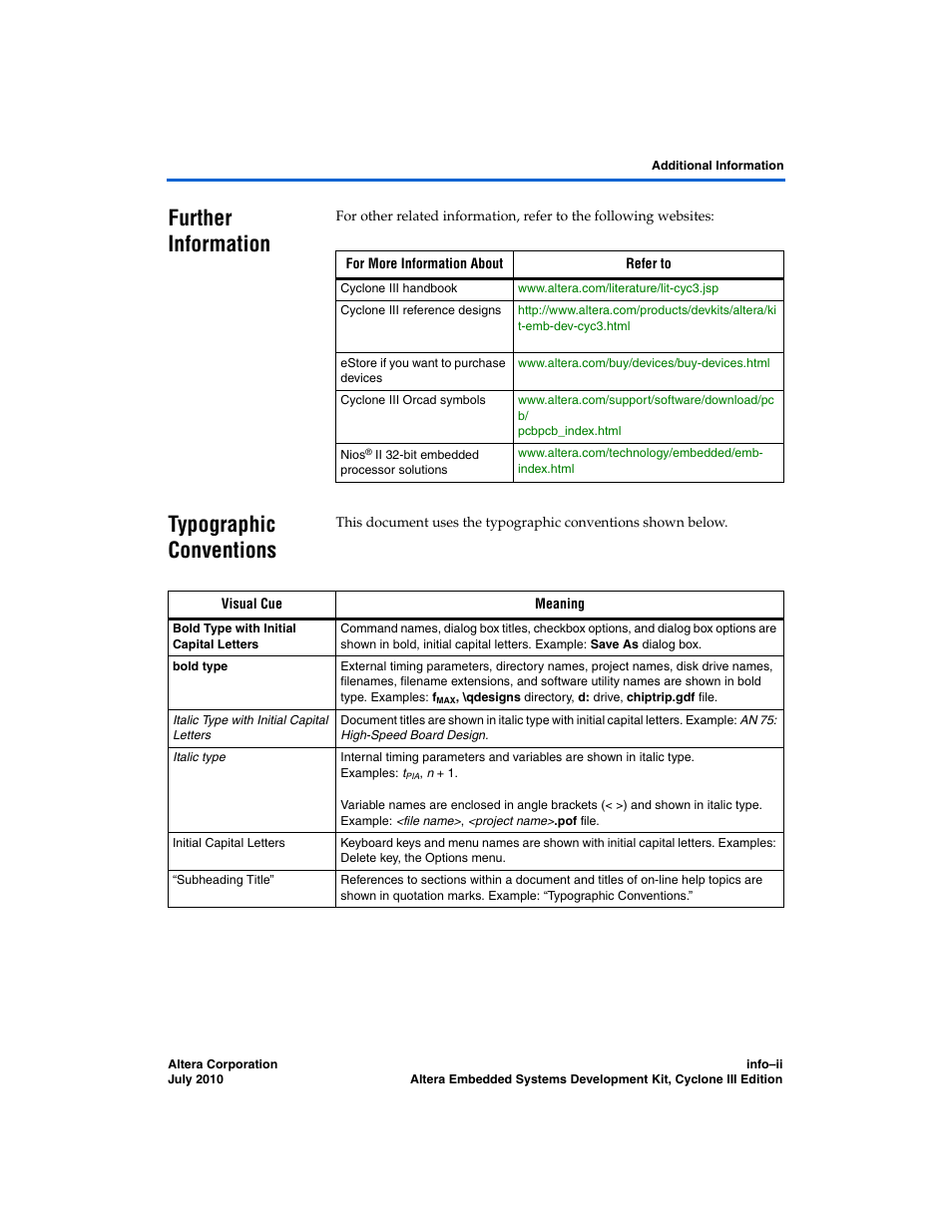 Further information, Typographic conventions, Pdated | Altera Embedded Systems Development Kit, Cyclone III Edition User Manual | Page 80 / 82