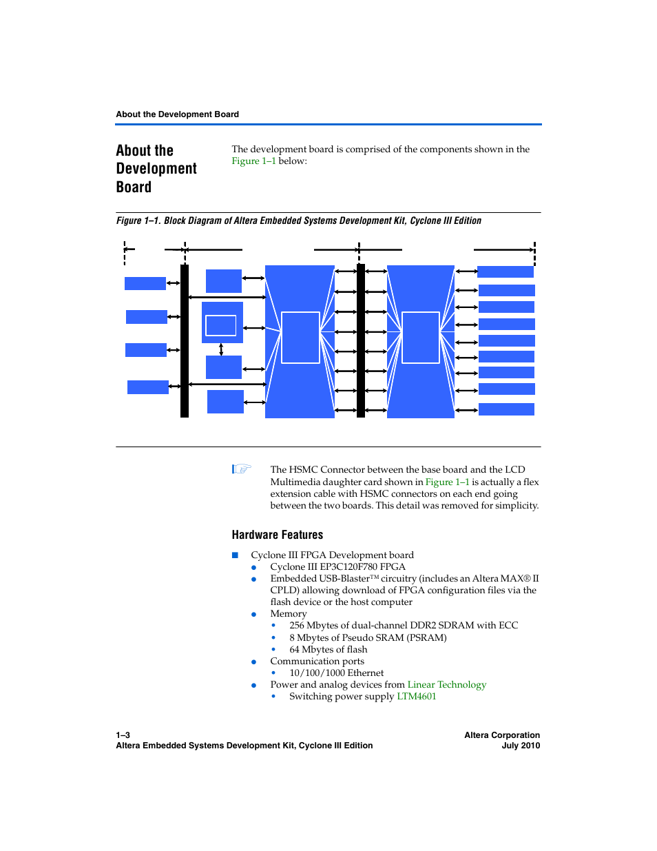 About the development board, Hardware features, About the development board –3 | Cyclone iii fpga development board | Altera Embedded Systems Development Kit, Cyclone III Edition User Manual | Page 9 / 82