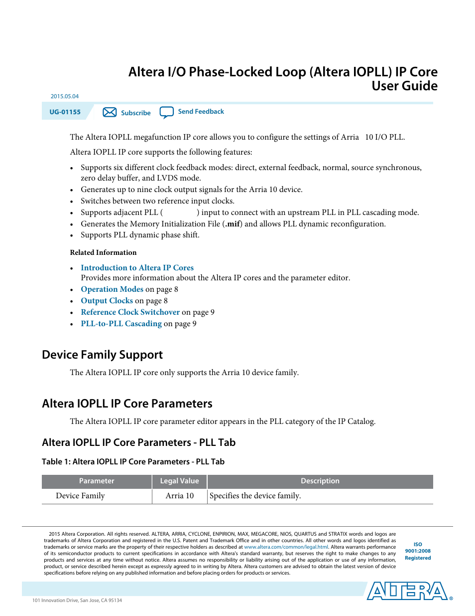 Altera I/O Phase-Locked Loop (Altera IOPLL) IP Core User Manual | 11 pages