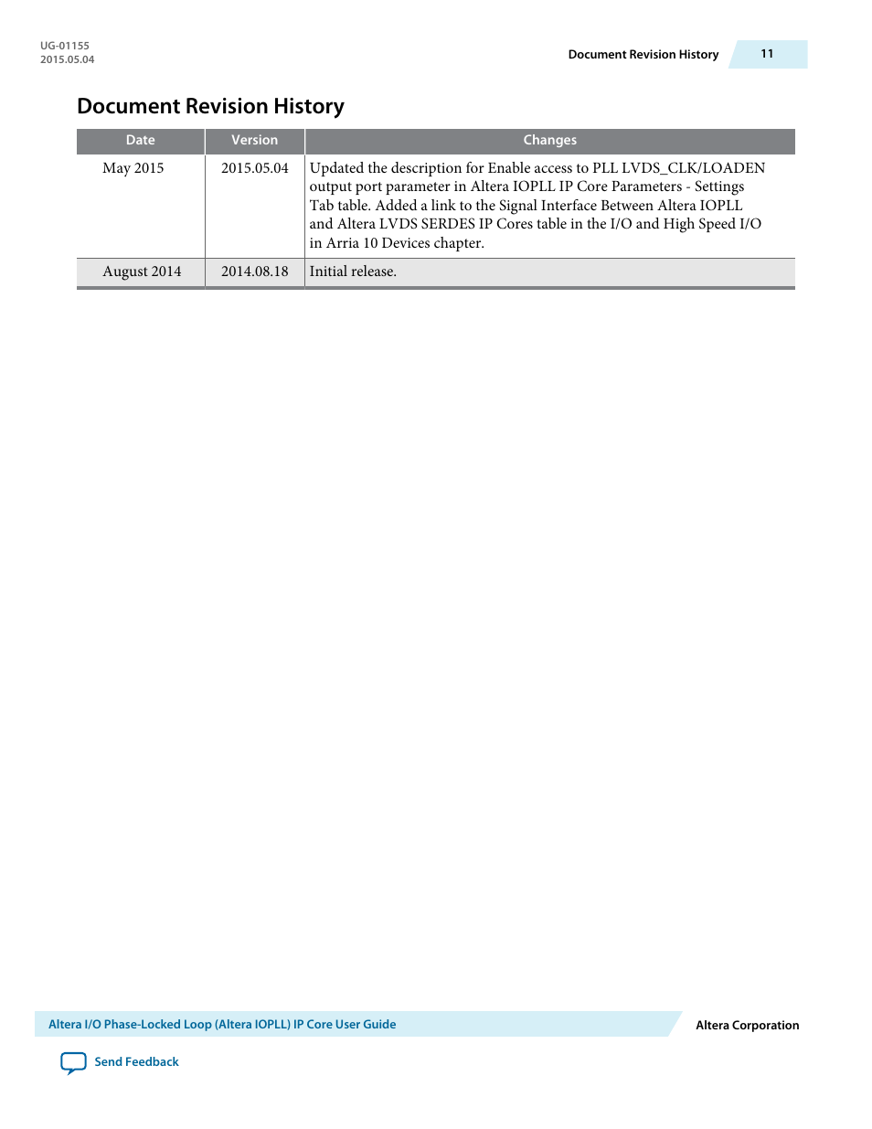 Document revision history | Altera I/O Phase-Locked Loop (Altera IOPLL) IP Core User Manual | Page 11 / 11