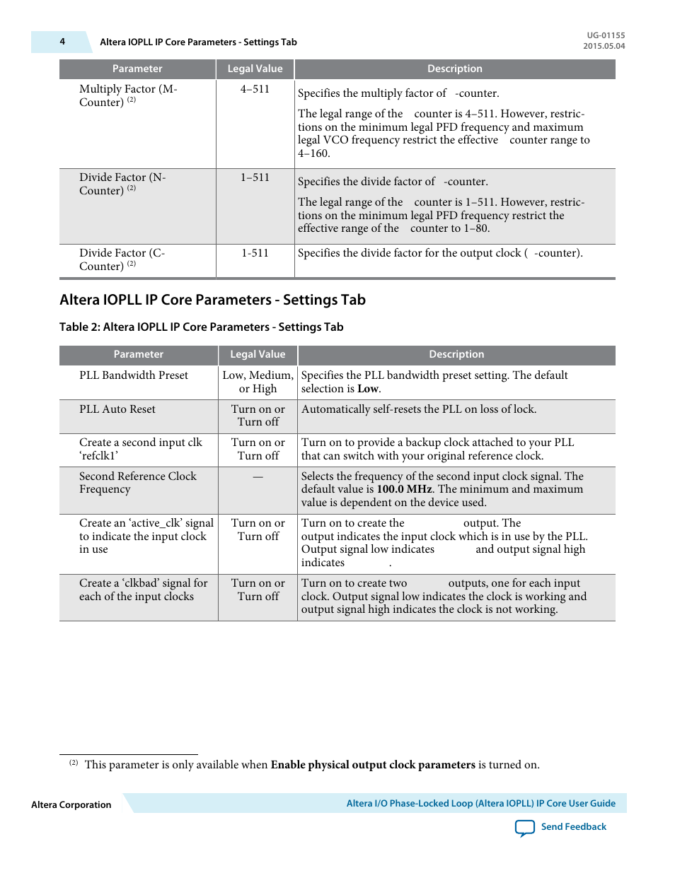 Altera iopll ip core parameters - settings tab | Altera I/O Phase-Locked Loop (Altera IOPLL) IP Core User Manual | Page 4 / 11