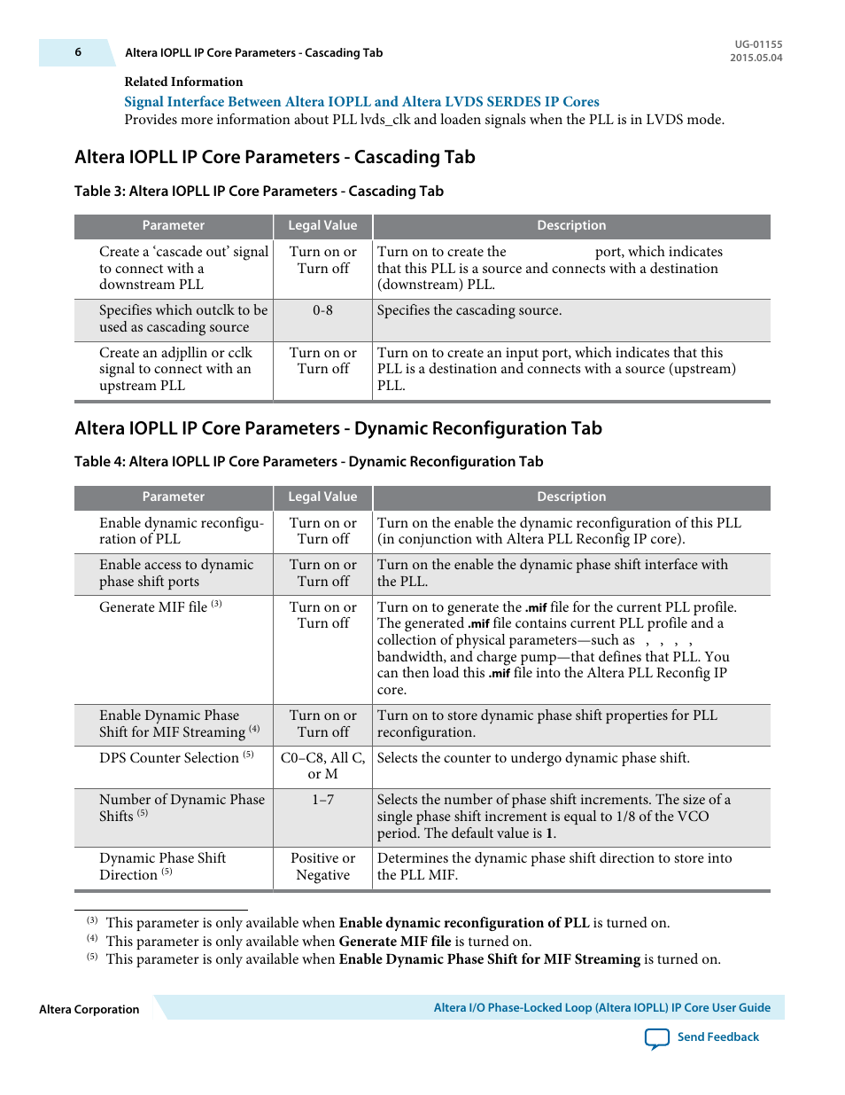 Altera iopll ip core parameters - cascading tab | Altera I/O Phase-Locked Loop (Altera IOPLL) IP Core User Manual | Page 6 / 11