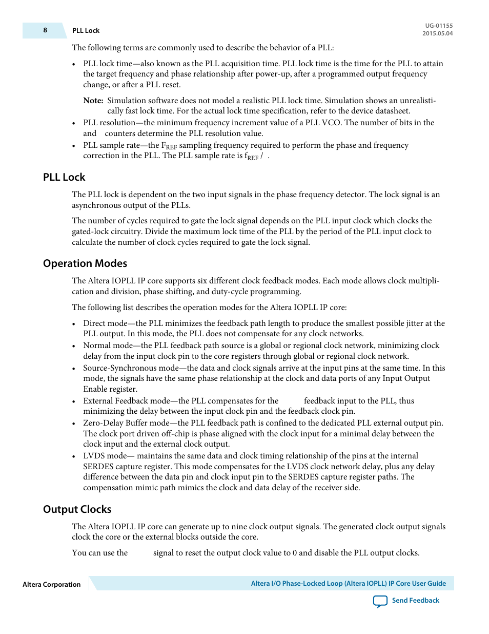 Pll lock, Operation modes, Output clocks | Altera I/O Phase-Locked Loop (Altera IOPLL) IP Core User Manual | Page 8 / 11