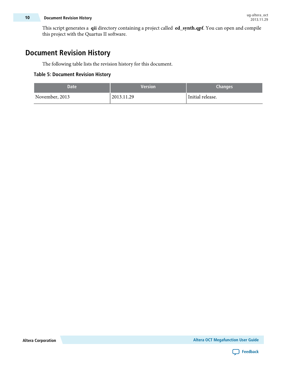 Document revision history | Altera OCT User Manual | Page 10 / 10