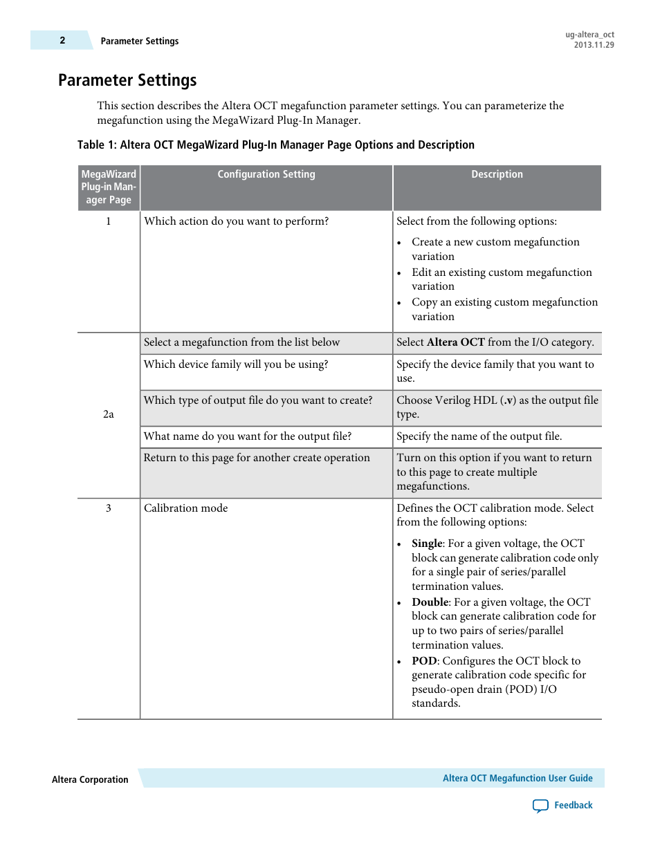 Parameter settings | Altera OCT User Manual | Page 2 / 10