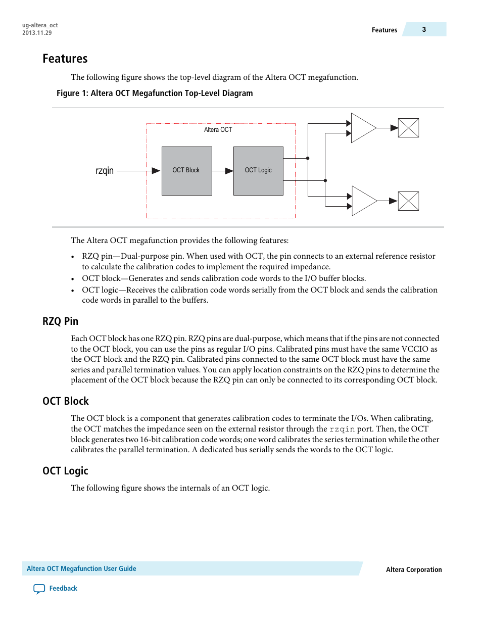 Features, Rzq pin, Oct block | Oct logic | Altera OCT User Manual | Page 3 / 10