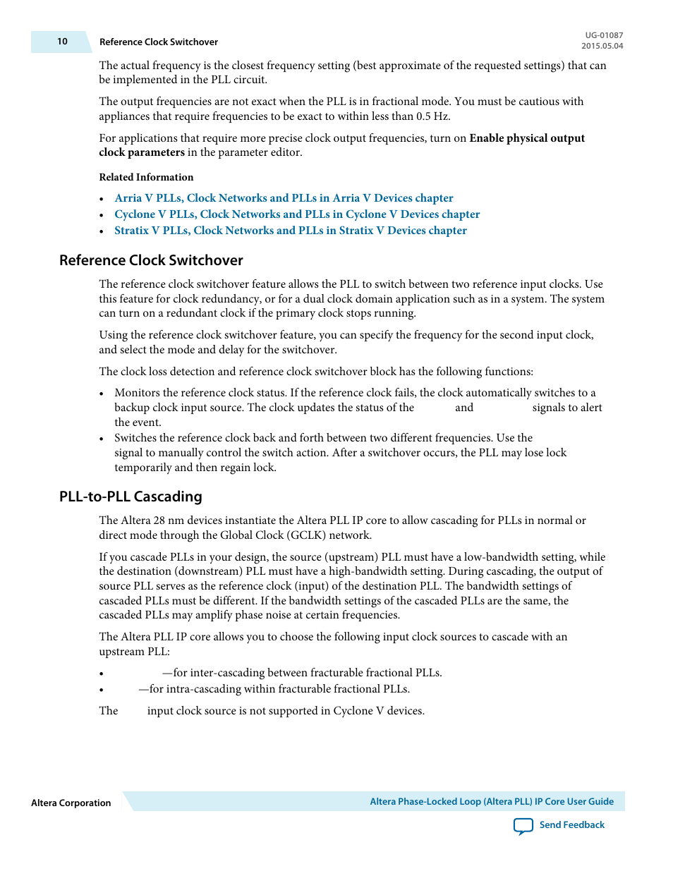 Reference clock switchover, Pll-to-pll cascading | Altera Phase-Locked Loop User Manual | Page 10 / 18