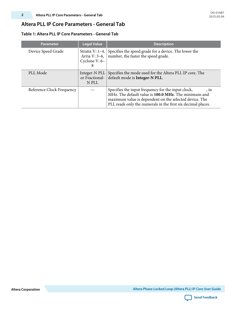 Altera pll ip core parameters - general tab | Altera Phase-Locked Loop User Manual | Page 2 / 18