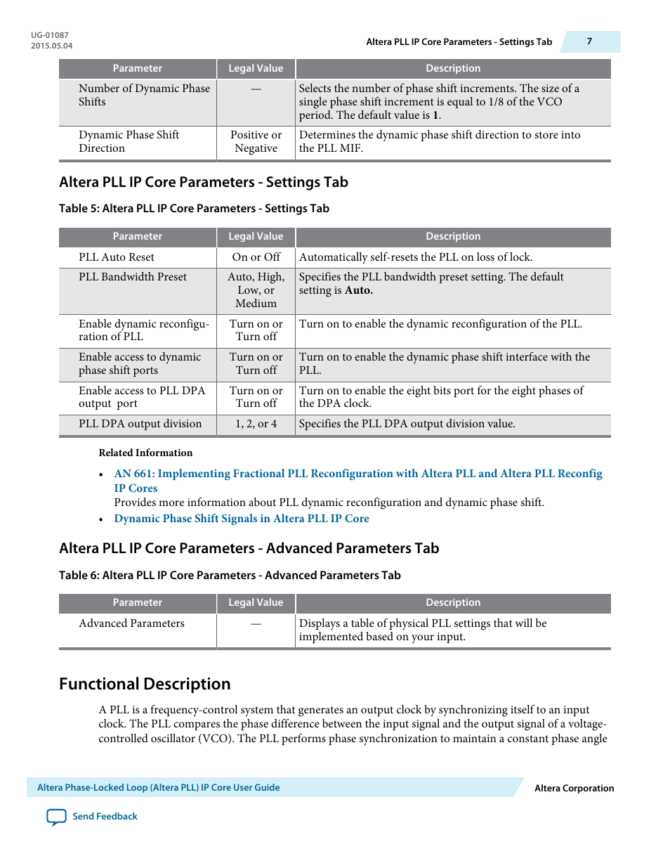 Altera pll ip core parameters - settings tab, Functional description | Altera Phase-Locked Loop User Manual | Page 7 / 18