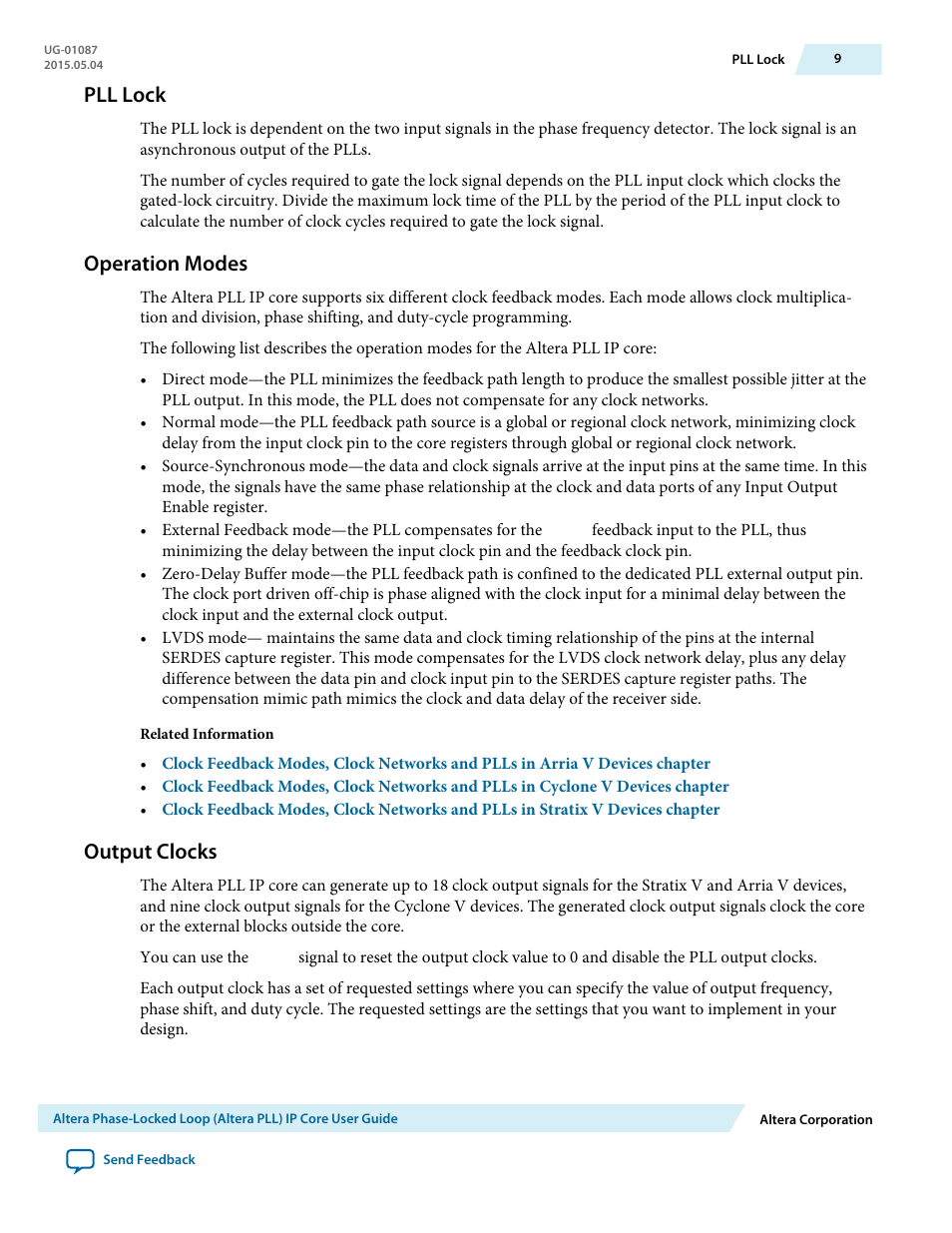 Pll lock, Operation modes, Output clocks | Altera Phase-Locked Loop User Manual | Page 9 / 18