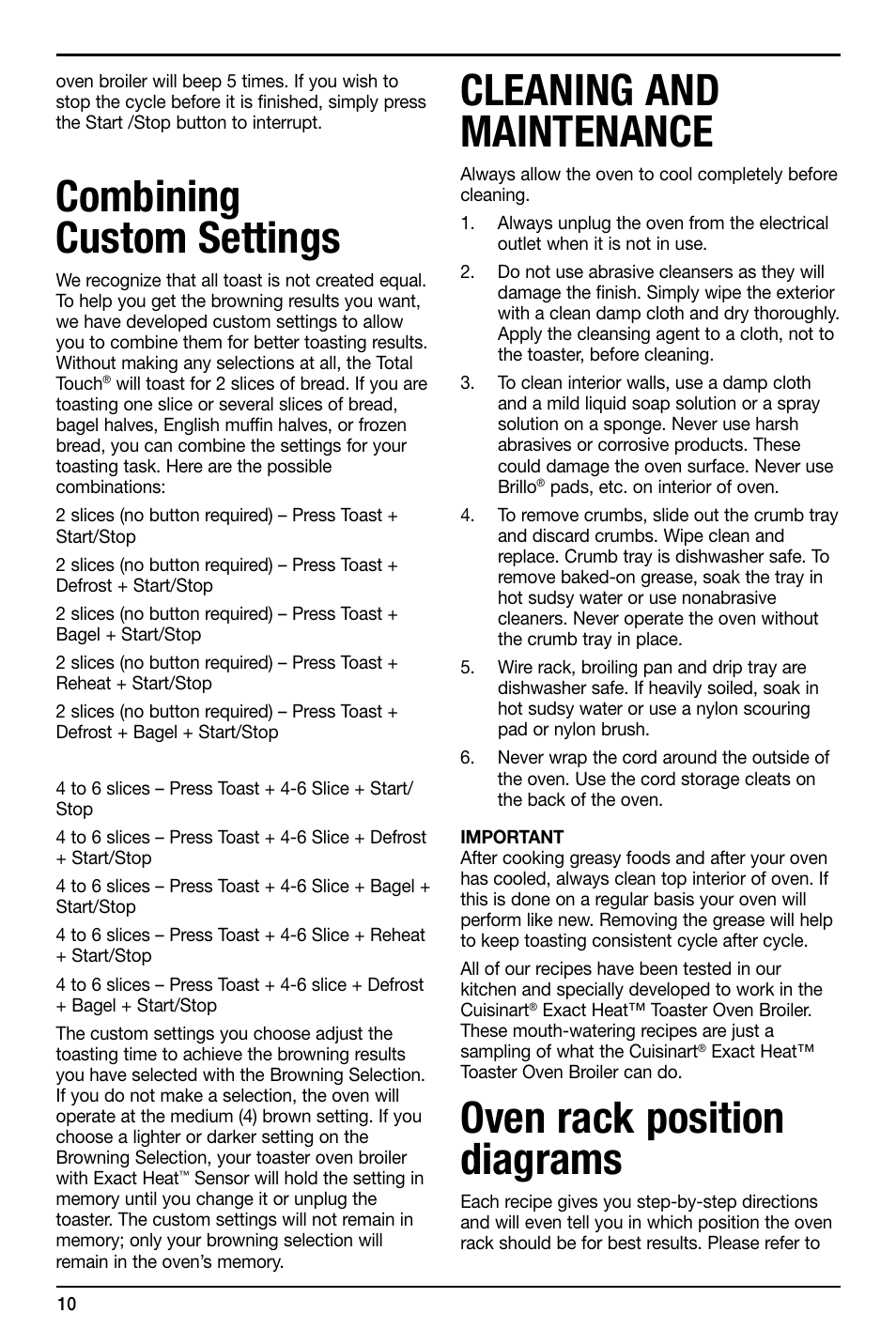 Combining custom settings, Cleaning and maintenance, Oven rack position diagrams | Cuisinart TOB-155 User Manual | Page 10 / 25