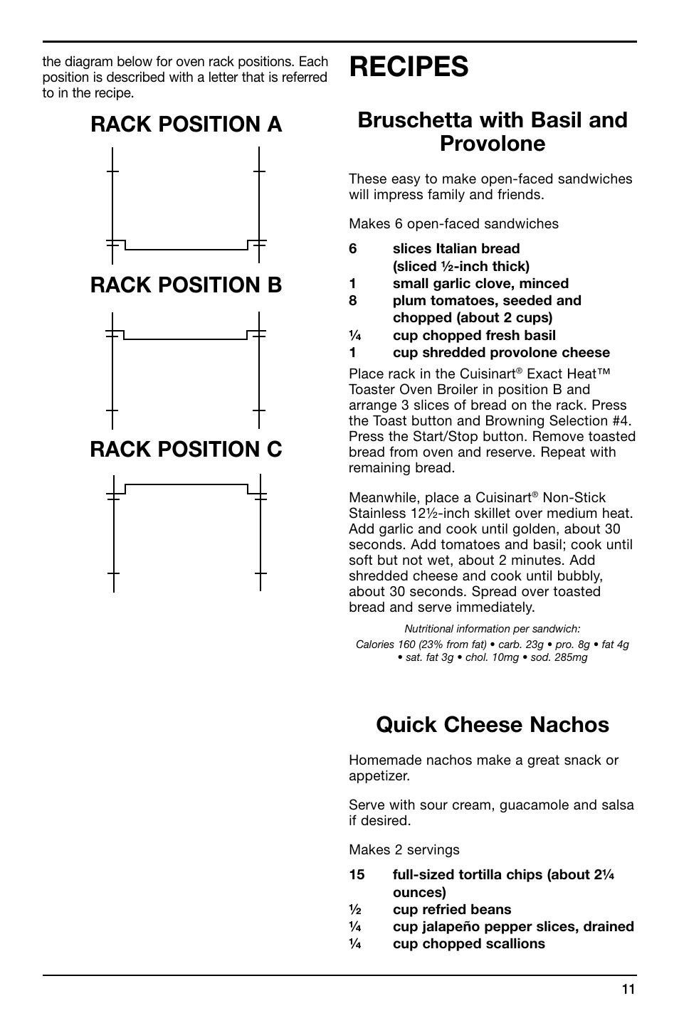 Recipes, Rack position a rack position b rack position c, Bruschetta with basil and provolone | Quick cheese nachos | Cuisinart TOB-155 User Manual | Page 11 / 25