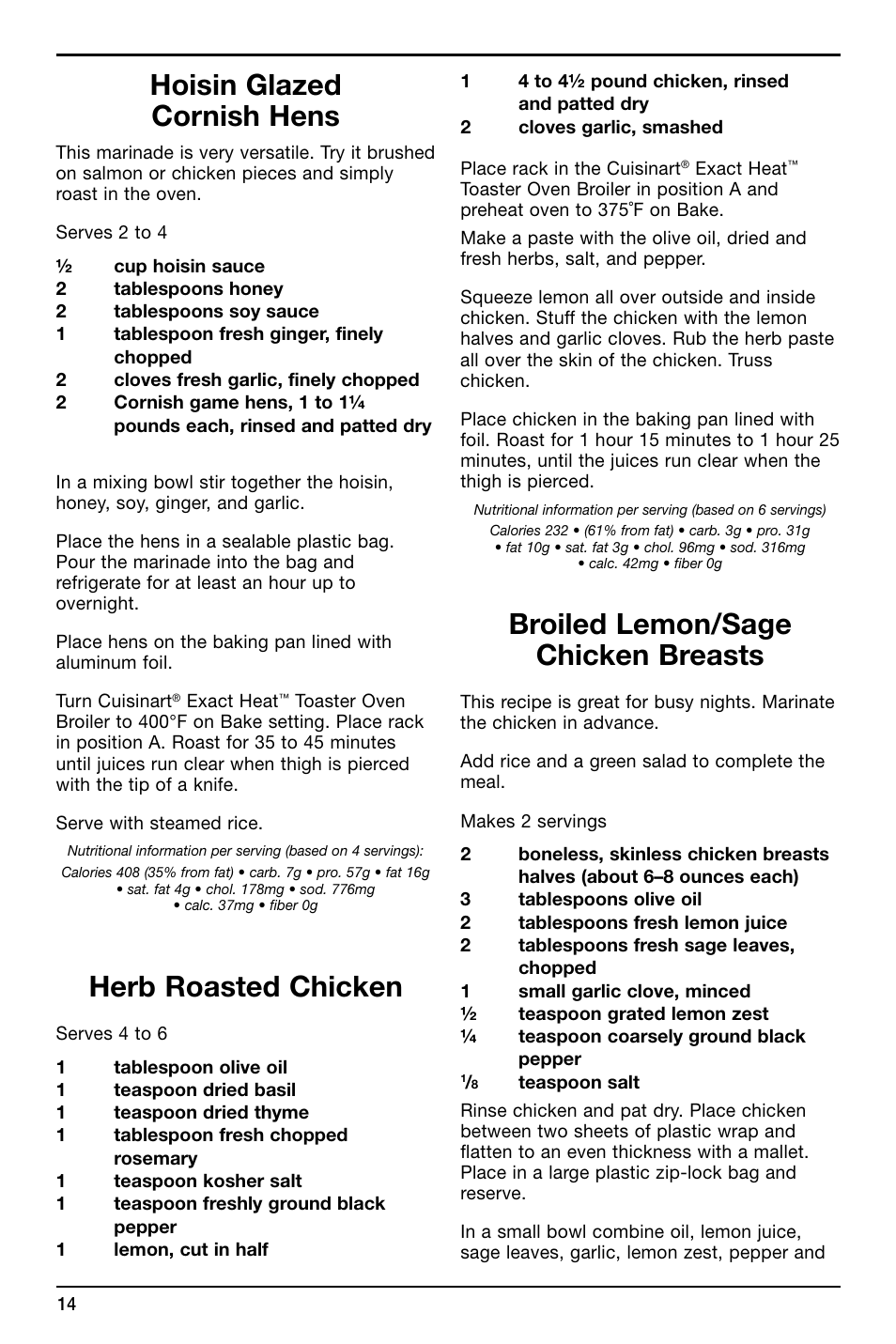 Hoisin glazed cornish hens, Herb roasted chicken, Broiled lemon/sage chicken breasts | Cuisinart TOB-155 User Manual | Page 14 / 25