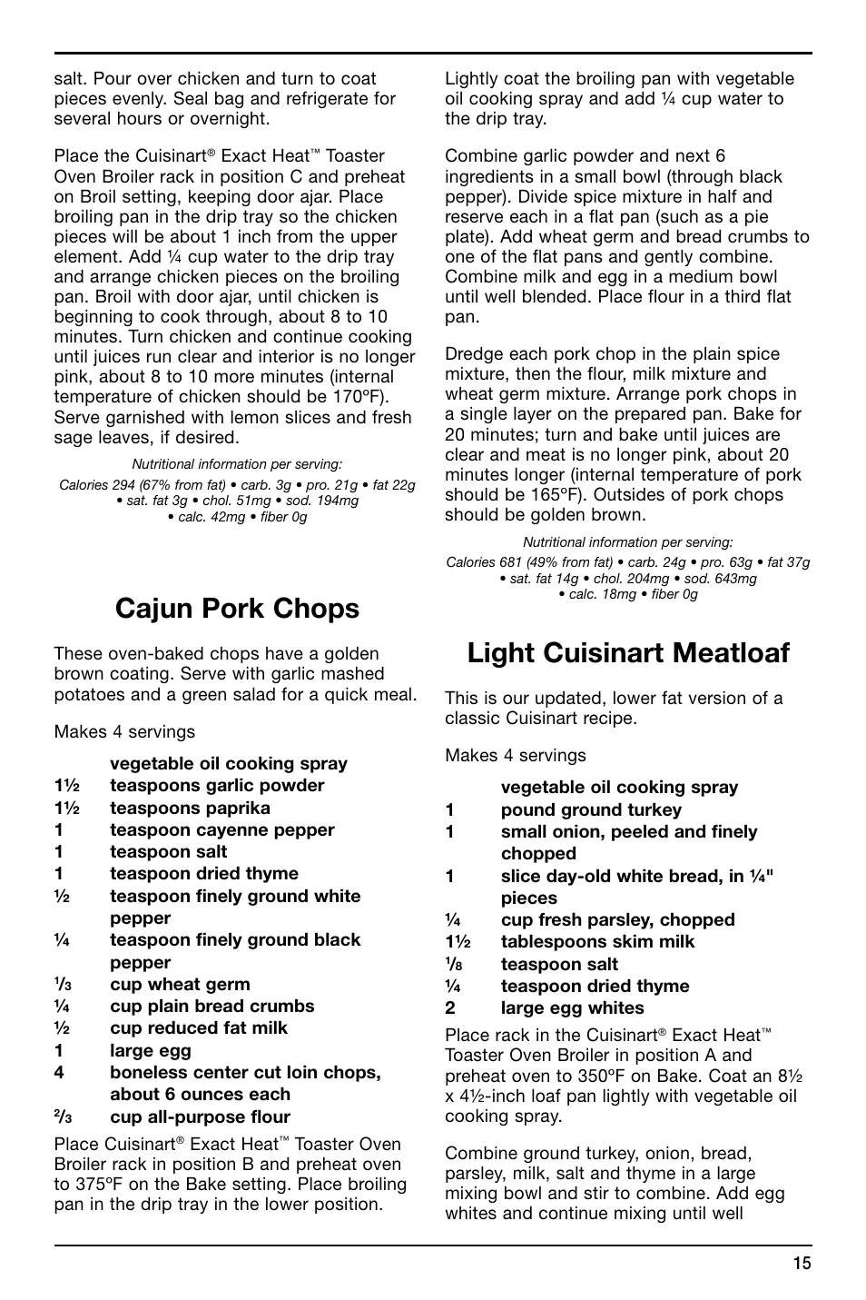 Cajun pork chops, Light cuisinart meatloaf | Cuisinart TOB-155 User Manual | Page 15 / 25