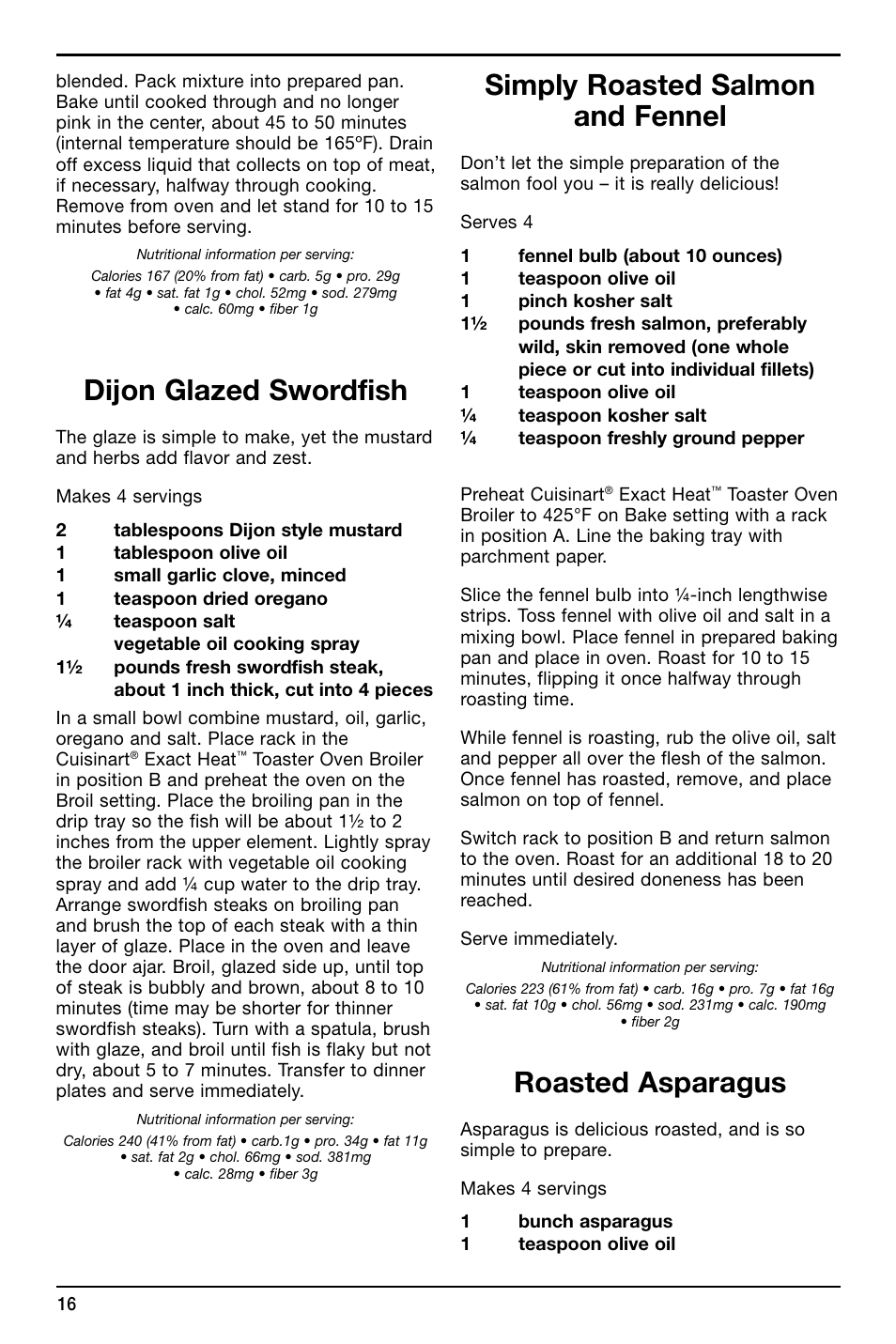 Dijon glazed swordfish, Simply roasted salmon and fennel, Roasted asparagus | Cuisinart TOB-155 User Manual | Page 16 / 25