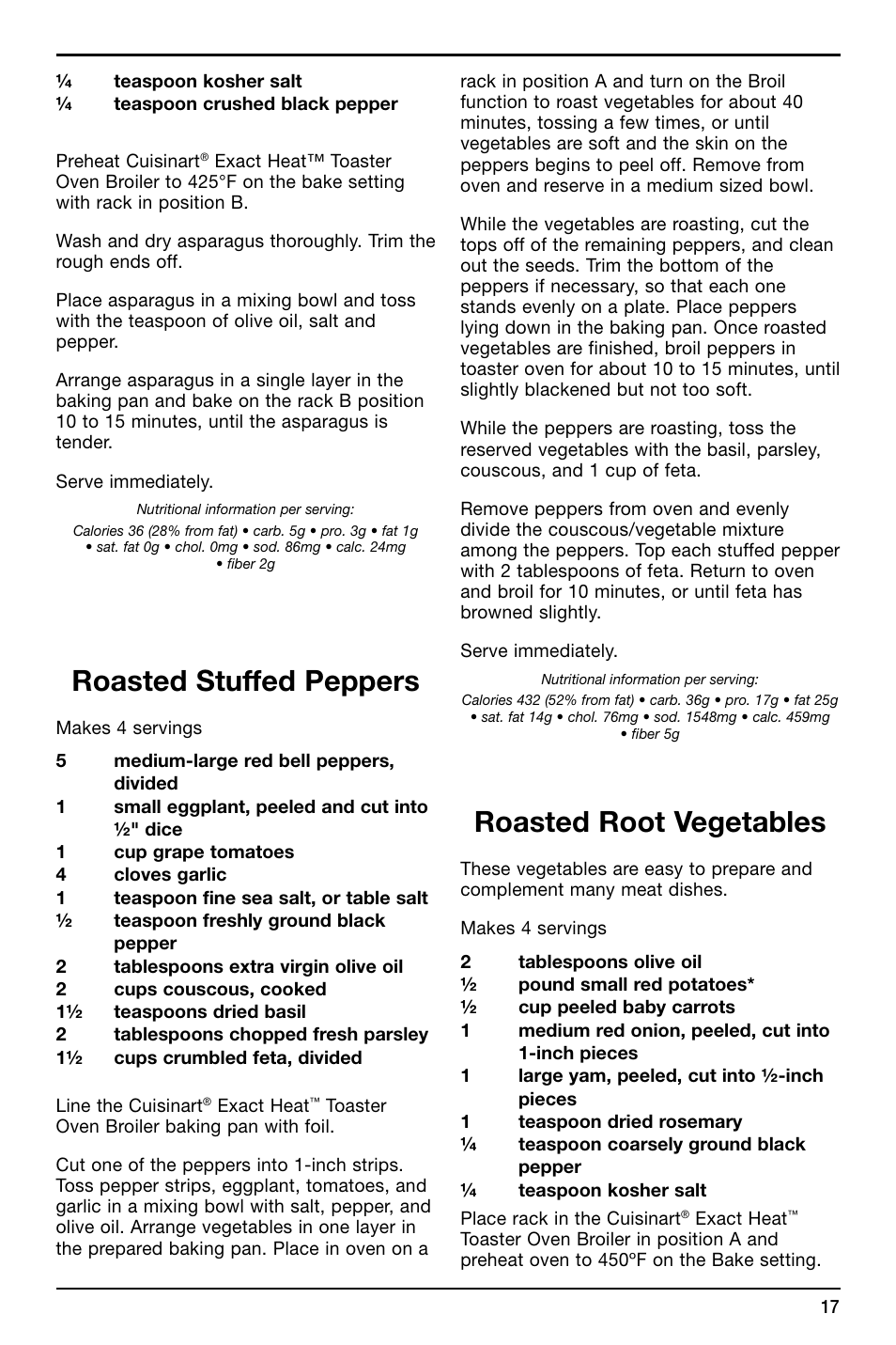 Roasted stuffed peppers, Roasted root vegetables | Cuisinart TOB-155 User Manual | Page 17 / 25