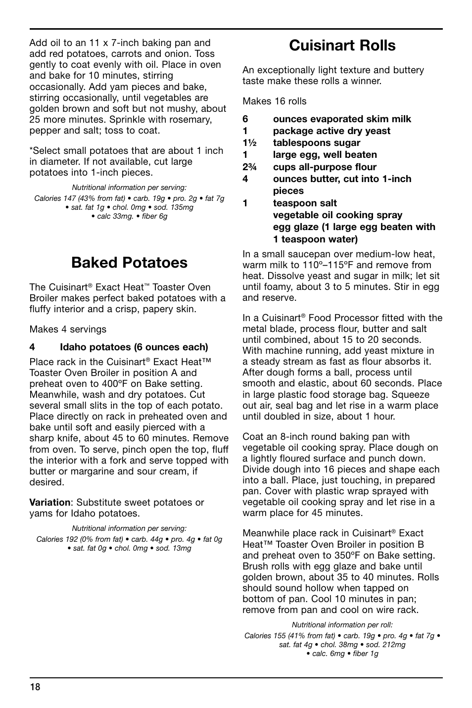 Baked potatoes, Cuisinart rolls | Cuisinart TOB-155 User Manual | Page 18 / 25