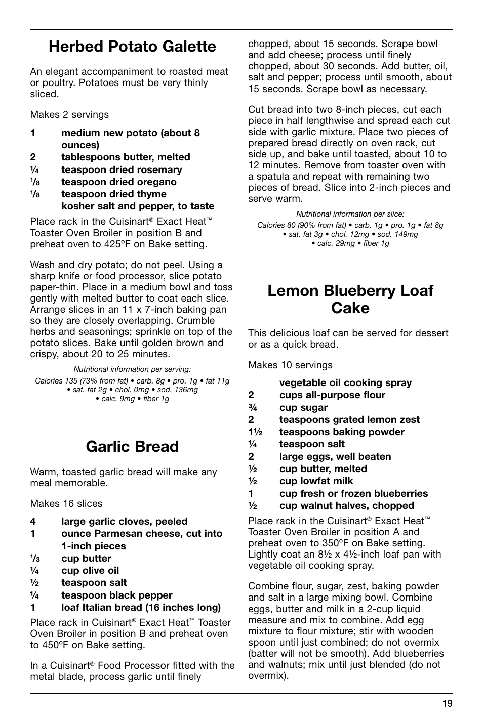 Herbed potato galette, Garlic bread, Lemon blueberry loaf cake | Cuisinart TOB-155 User Manual | Page 19 / 25