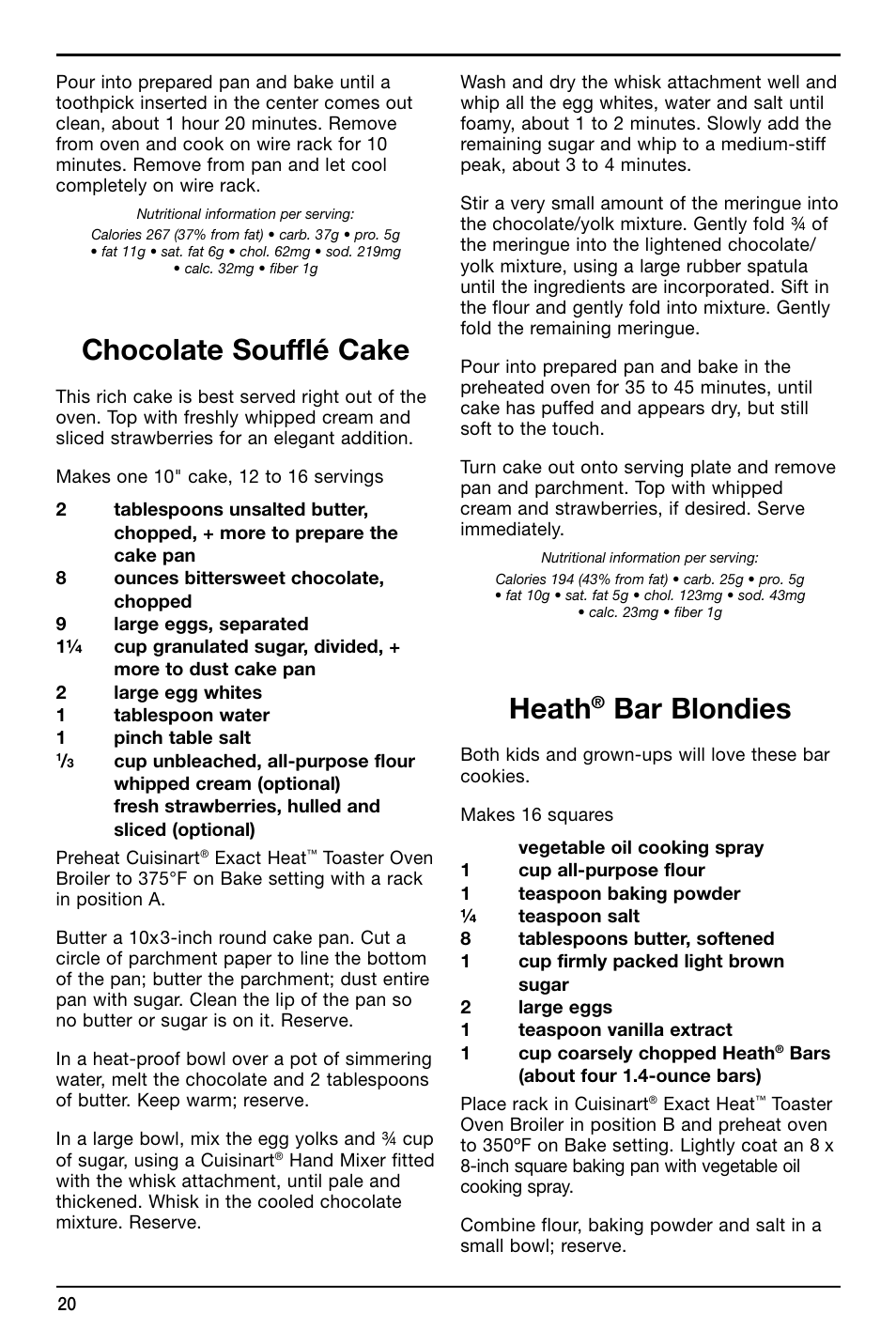 Chocolate soufflé cake, Heath, Bar blondies | Cuisinart TOB-155 User Manual | Page 20 / 25