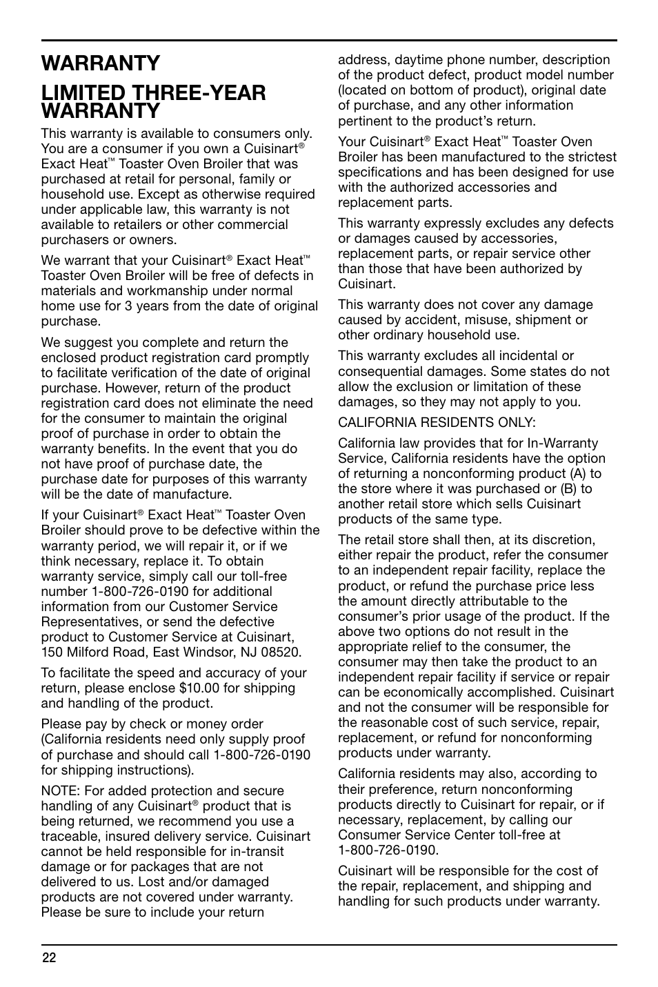 Warranty limited three-year warranty | Cuisinart TOB-155 User Manual | Page 22 / 25