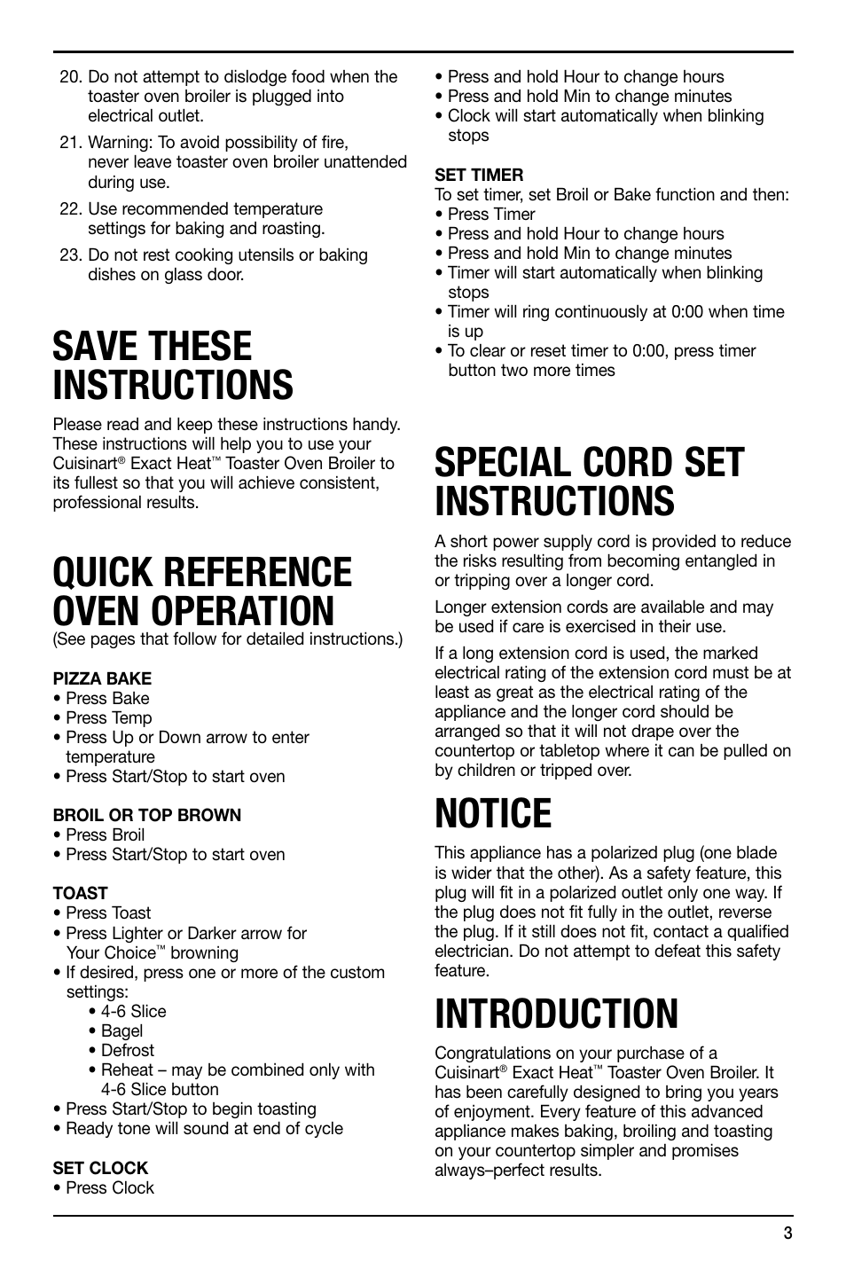 Save these instructions, Quick reference oven operation, Special cord set instructions | Notice, Introduction | Cuisinart TOB-155 User Manual | Page 3 / 25