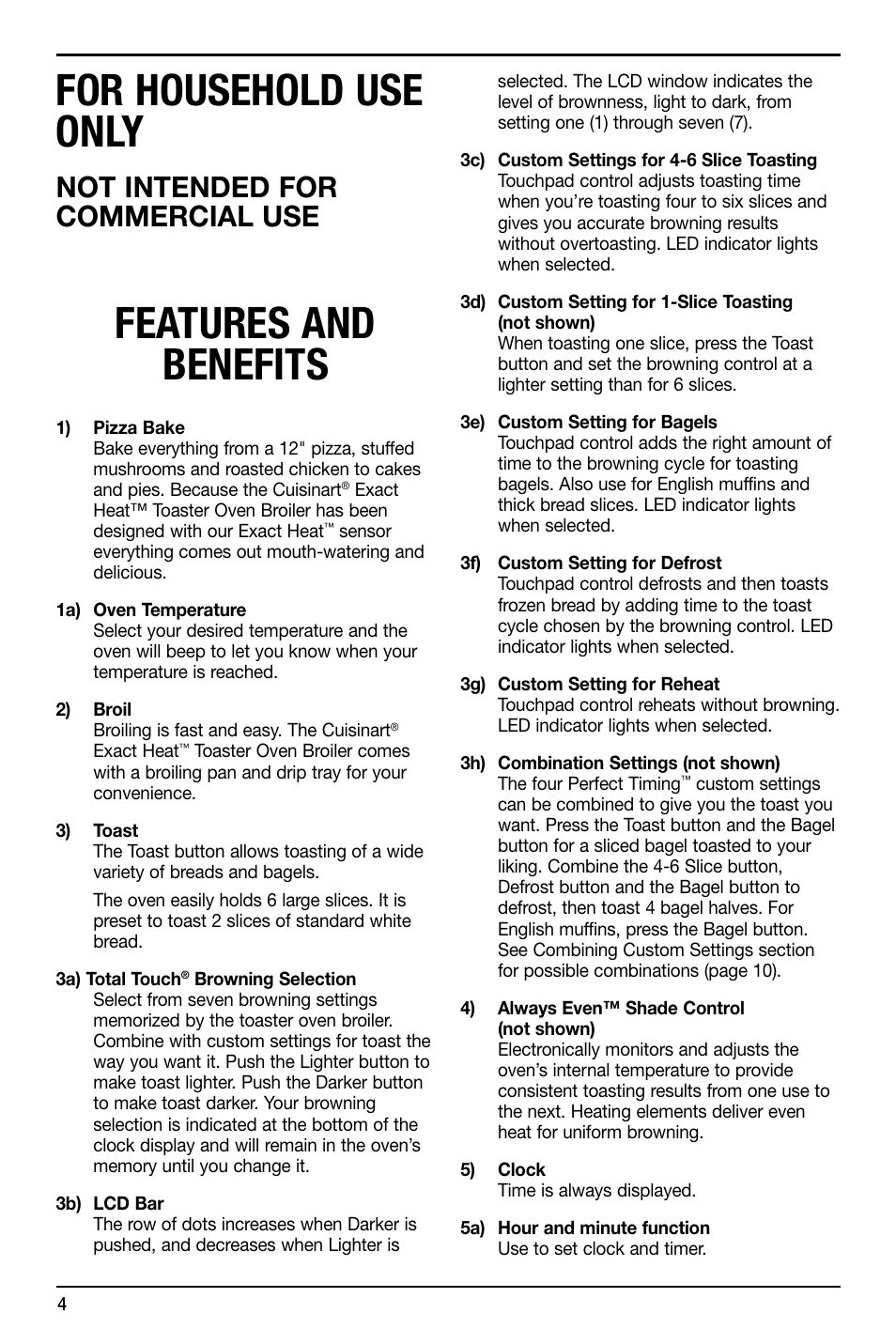 For household use only, Features and benefits, Not intended for commercial use | Cuisinart TOB-155 User Manual | Page 4 / 25