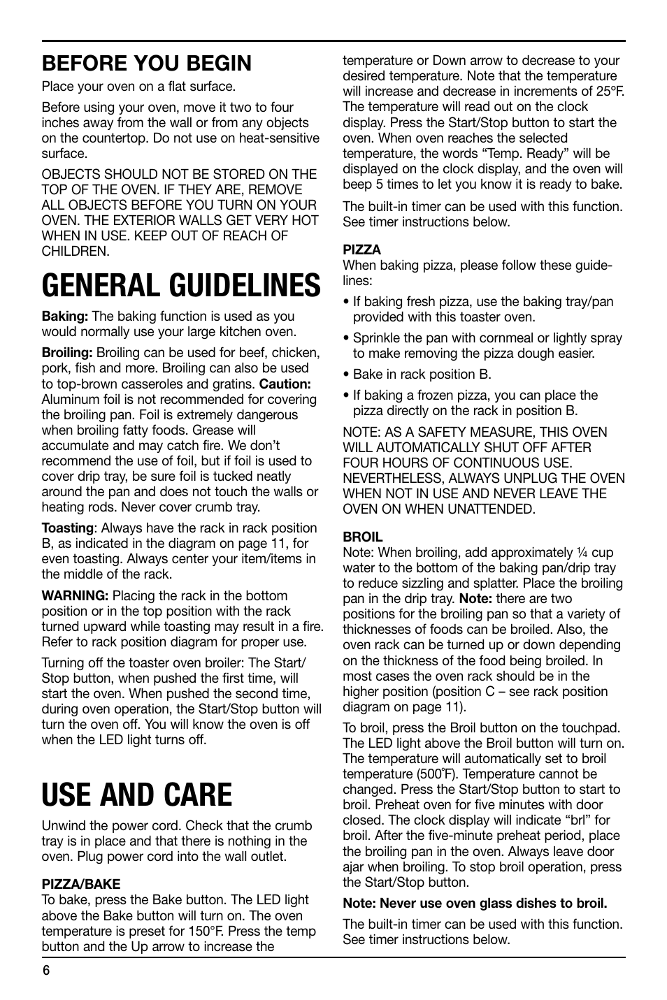 General guidelines, Use and care, Before you begin | Cuisinart TOB-155 User Manual | Page 6 / 25