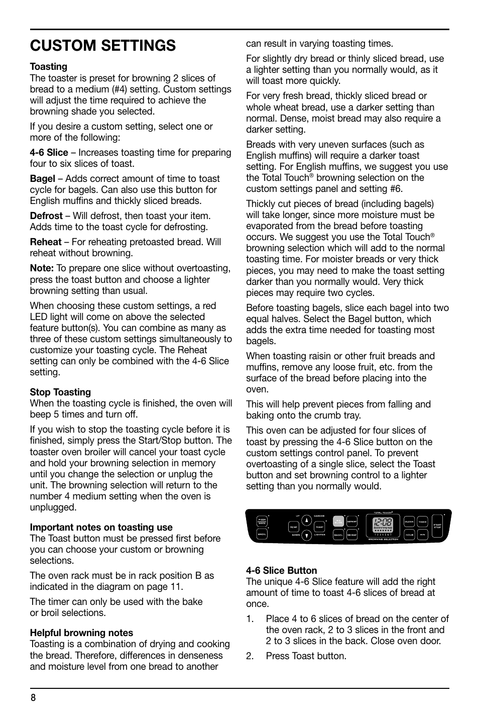 Custom settings | Cuisinart TOB-155 User Manual | Page 8 / 25