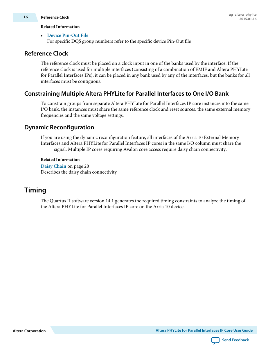 Reference clock, Dynamic reconfiguration, Timing | Altera PHYLite User Manual | Page 16 / 61